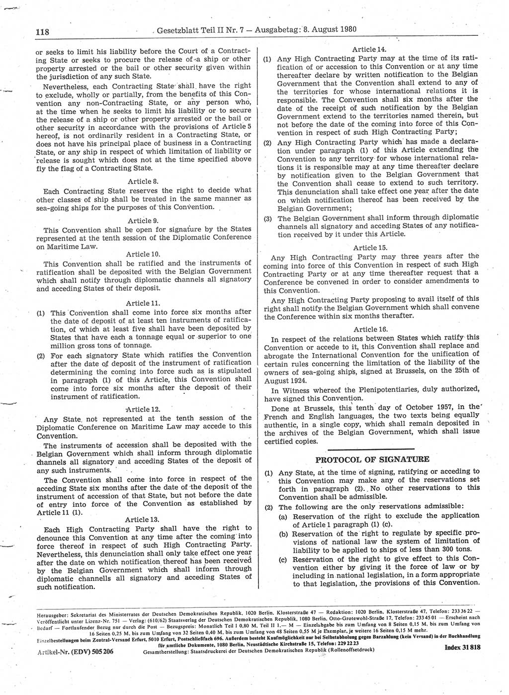 Gesetzblatt (GBl.) der Deutschen Demokratischen Republik (DDR) Teil ⅠⅠ 1980, Seite 118 (GBl. DDR ⅠⅠ 1980, S. 118)