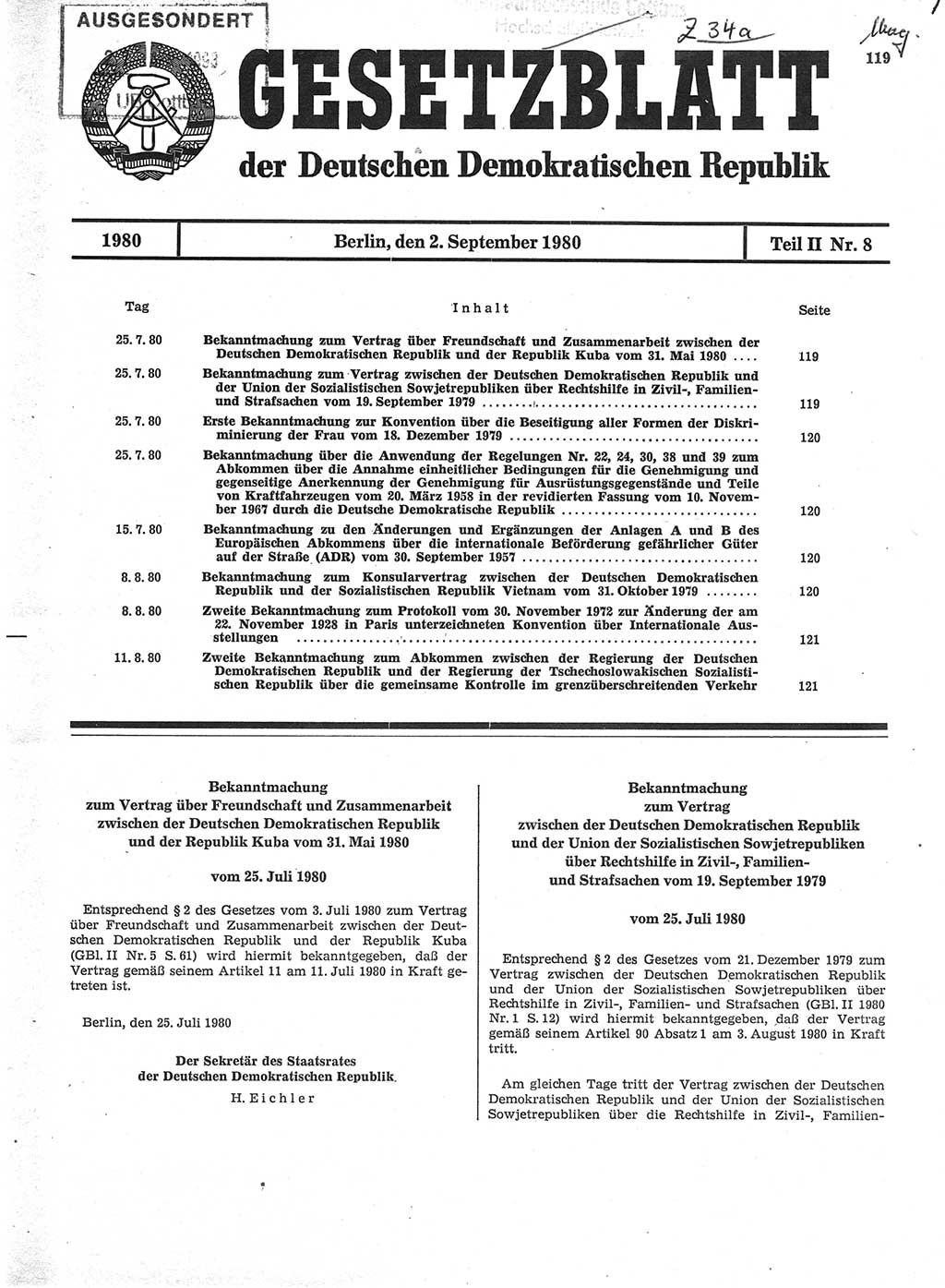 Gesetzblatt (GBl.) der Deutschen Demokratischen Republik (DDR) Teil ⅠⅠ 1980, Seite 119 (GBl. DDR ⅠⅠ 1980, S. 119)