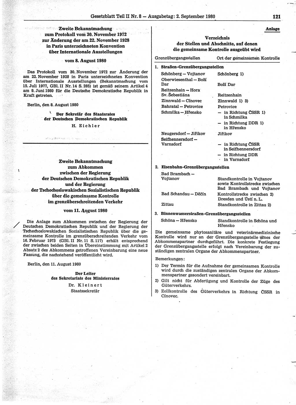 Gesetzblatt (GBl.) der Deutschen Demokratischen Republik (DDR) Teil ⅠⅠ 1980, Seite 121 (GBl. DDR ⅠⅠ 1980, S. 121)