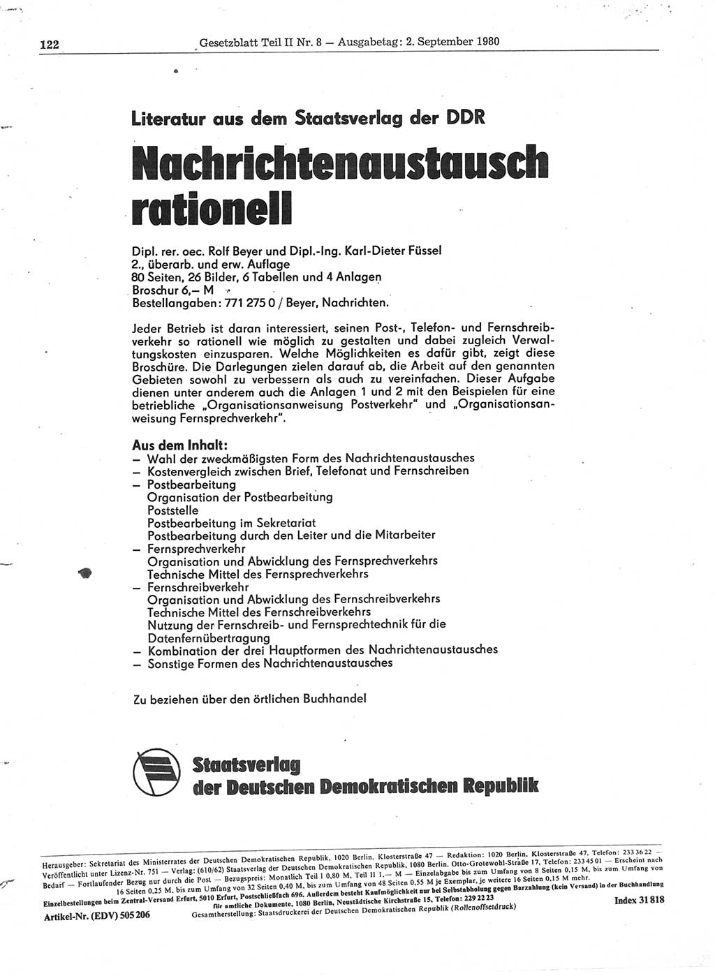Gesetzblatt (GBl.) der Deutschen Demokratischen Republik (DDR) Teil ⅠⅠ 1980, Seite 122 (GBl. DDR ⅠⅠ 1980, S. 122)