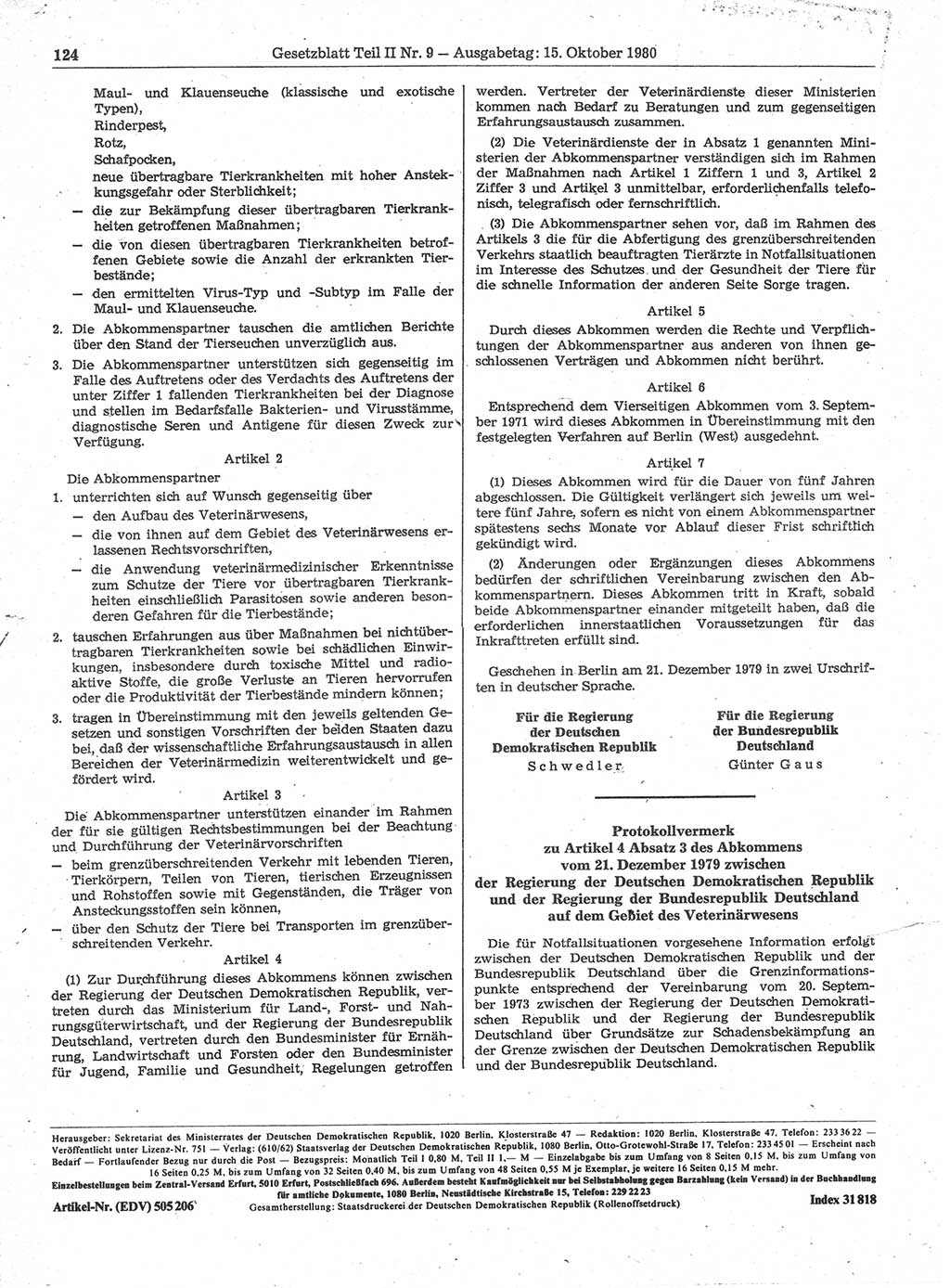 Gesetzblatt (GBl.) der Deutschen Demokratischen Republik (DDR) Teil ⅠⅠ 1980, Seite 124 (GBl. DDR ⅠⅠ 1980, S. 124)