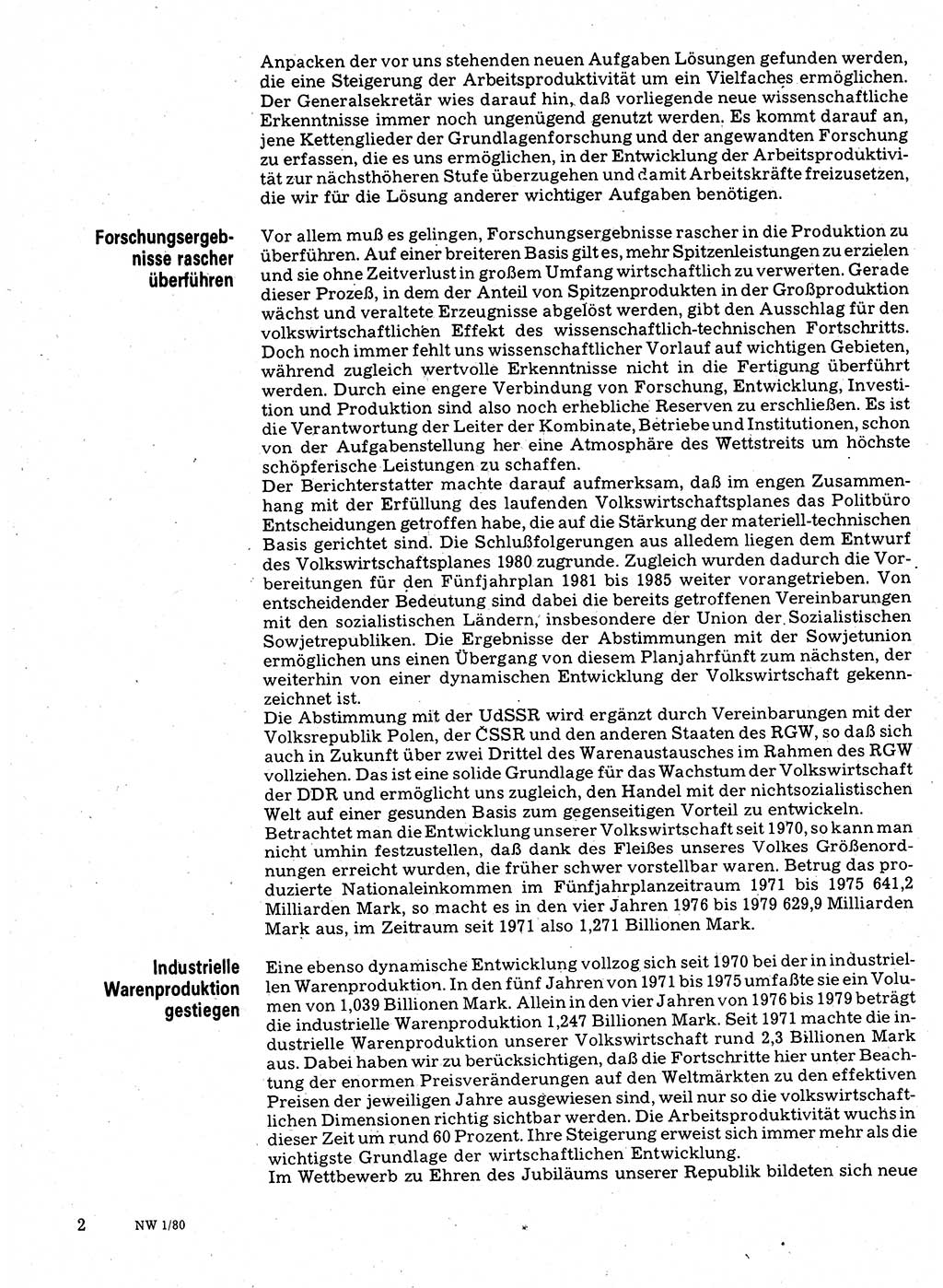 Neuer Weg (NW), Organ des Zentralkomitees (ZK) der SED (Sozialistische Einheitspartei Deutschlands) für Fragen des Parteilebens, 35. Jahrgang [Deutsche Demokratische Republik (DDR)] 1980, Seite 2 (NW ZK SED DDR 1980, S. 2)