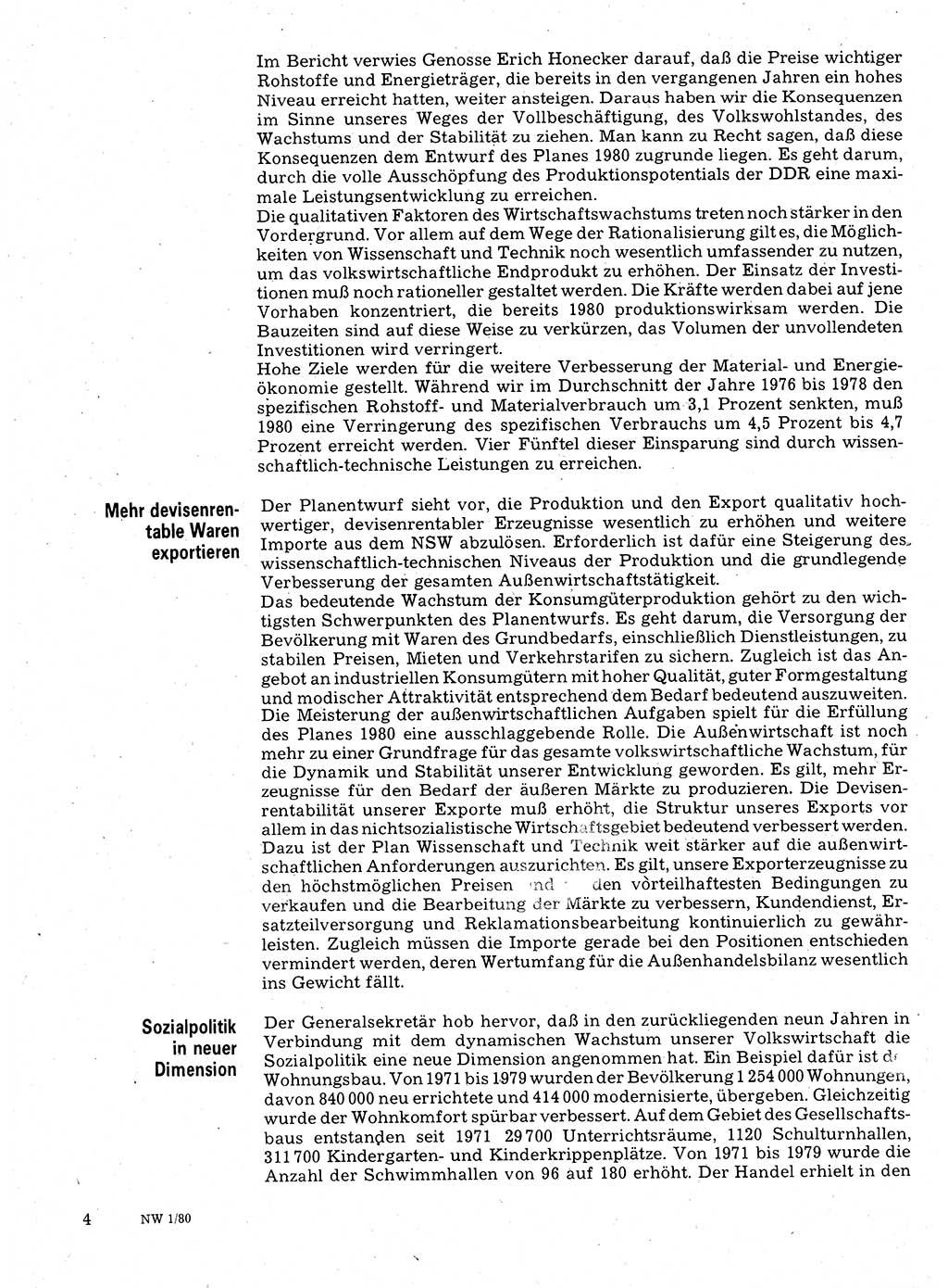 Neuer Weg (NW), Organ des Zentralkomitees (ZK) der SED (Sozialistische Einheitspartei Deutschlands) für Fragen des Parteilebens, 35. Jahrgang [Deutsche Demokratische Republik (DDR)] 1980, Seite 4 (NW ZK SED DDR 1980, S. 4)