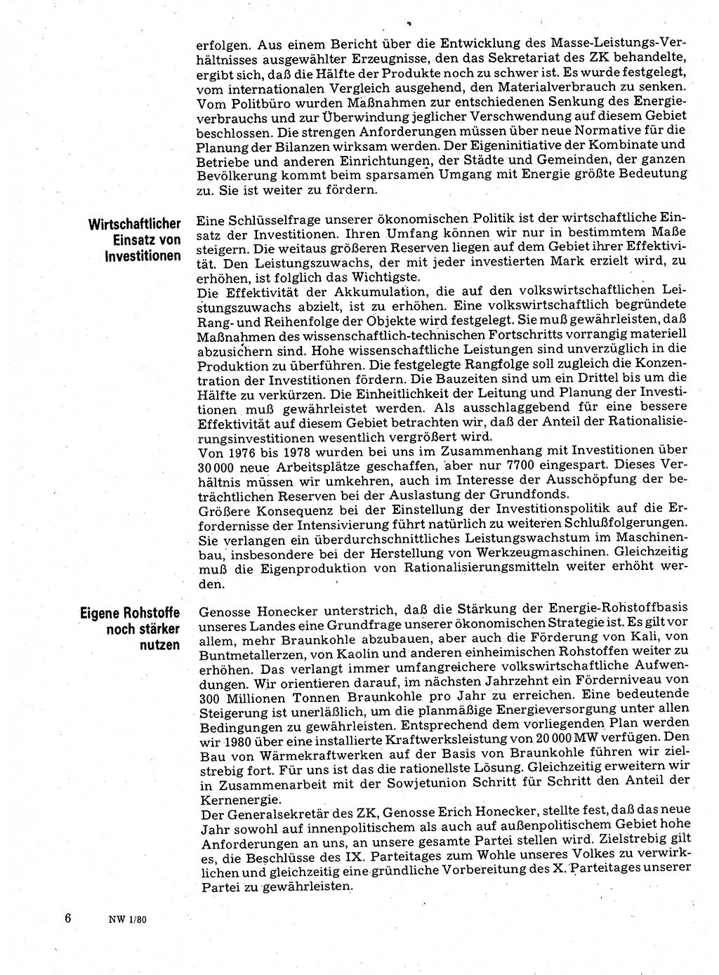 Neuer Weg (NW), Organ des Zentralkomitees (ZK) der SED (Sozialistische Einheitspartei Deutschlands) für Fragen des Parteilebens, 35. Jahrgang [Deutsche Demokratische Republik (DDR)] 1980, Seite 6 (NW ZK SED DDR 1980, S. 6)