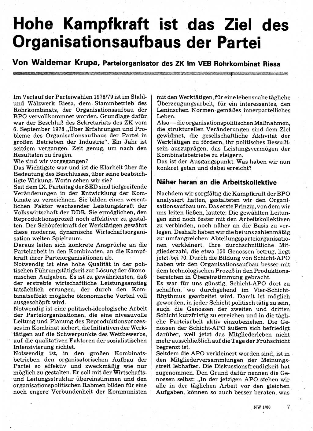 Neuer Weg (NW), Organ des Zentralkomitees (ZK) der SED (Sozialistische Einheitspartei Deutschlands) für Fragen des Parteilebens, 35. Jahrgang [Deutsche Demokratische Republik (DDR)] 1980, Seite 7 (NW ZK SED DDR 1980, S. 7)