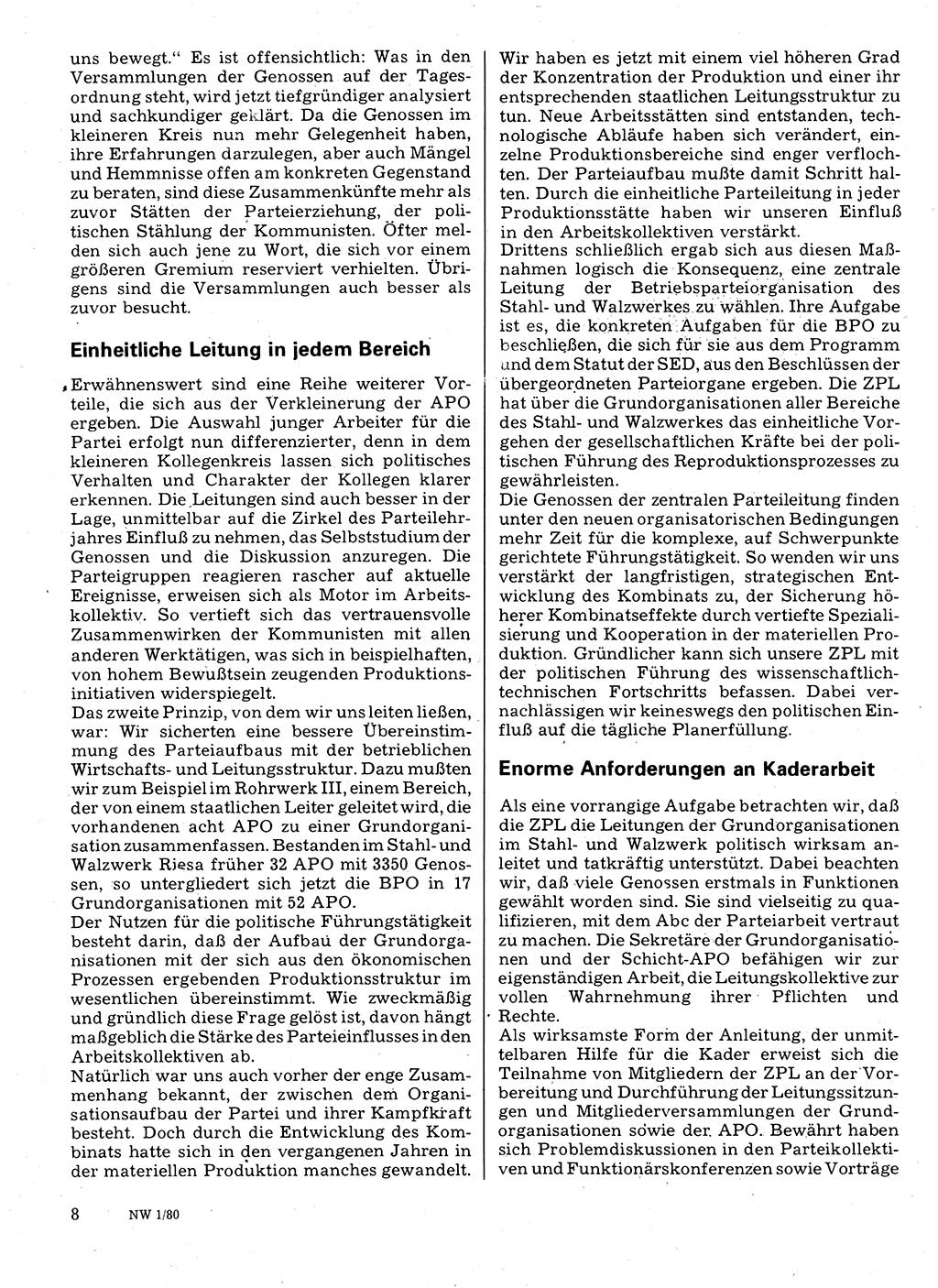 Neuer Weg (NW), Organ des Zentralkomitees (ZK) der SED (Sozialistische Einheitspartei Deutschlands) für Fragen des Parteilebens, 35. Jahrgang [Deutsche Demokratische Republik (DDR)] 1980, Seite 8 (NW ZK SED DDR 1980, S. 8)