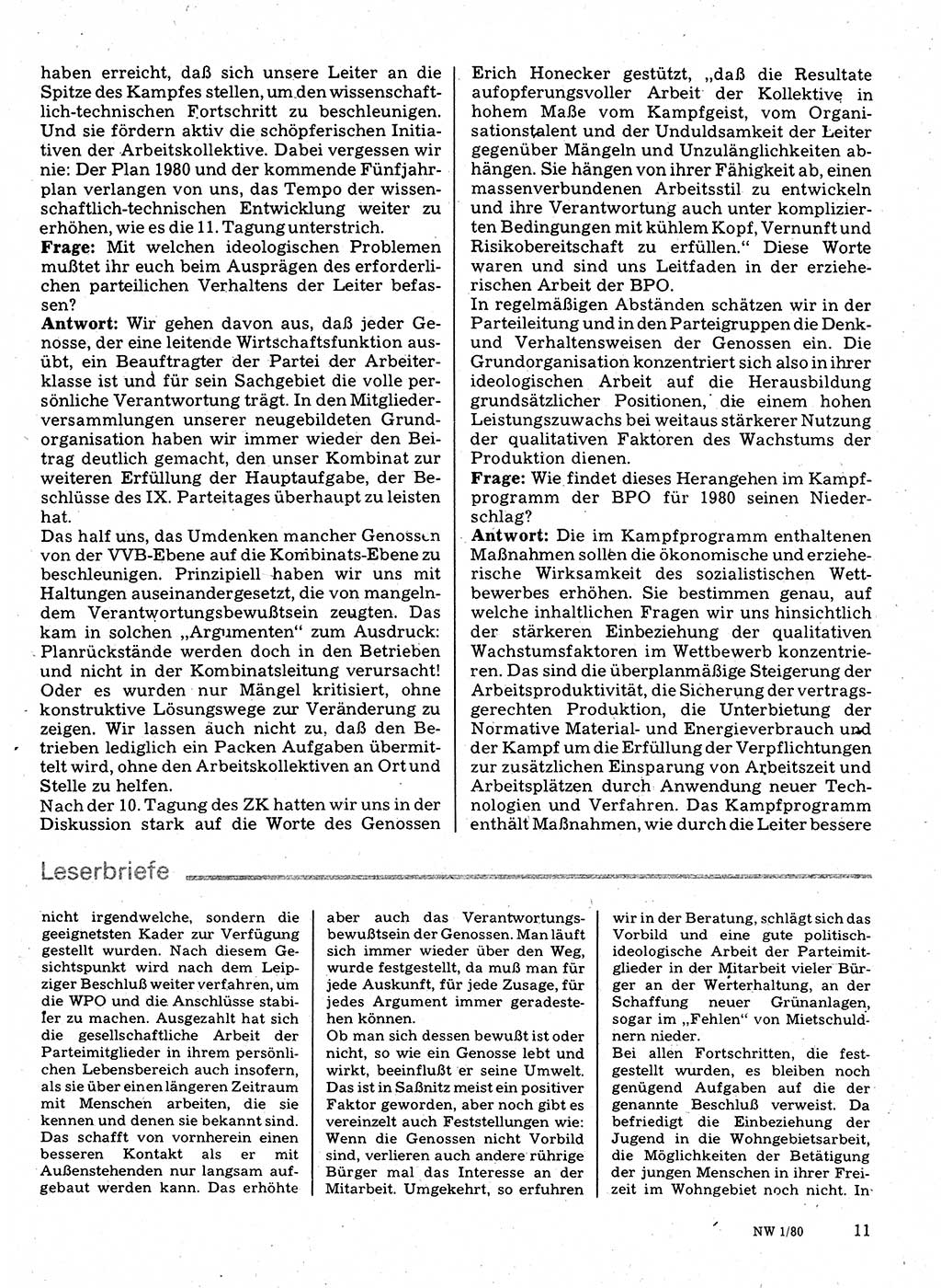 Neuer Weg (NW), Organ des Zentralkomitees (ZK) der SED (Sozialistische Einheitspartei Deutschlands) für Fragen des Parteilebens, 35. Jahrgang [Deutsche Demokratische Republik (DDR)] 1980, Seite 11 (NW ZK SED DDR 1980, S. 11)