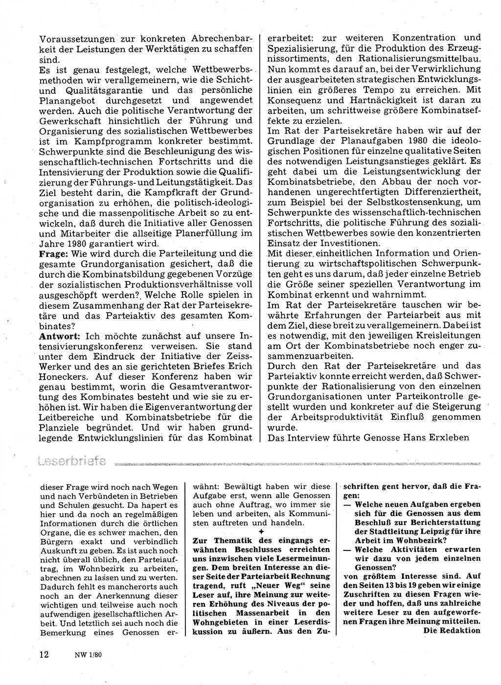 Neuer Weg (NW), Organ des Zentralkomitees (ZK) der SED (Sozialistische Einheitspartei Deutschlands) für Fragen des Parteilebens, 35. Jahrgang [Deutsche Demokratische Republik (DDR)] 1980, Seite 12 (NW ZK SED DDR 1980, S. 12)