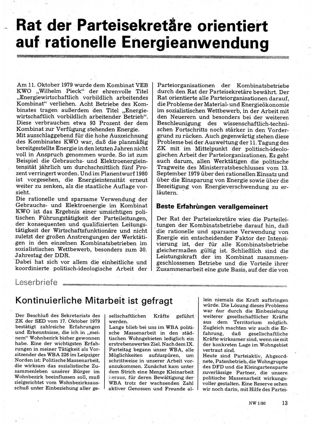 Neuer Weg (NW), Organ des Zentralkomitees (ZK) der SED (Sozialistische Einheitspartei Deutschlands) für Fragen des Parteilebens, 35. Jahrgang [Deutsche Demokratische Republik (DDR)] 1980, Seite 13 (NW ZK SED DDR 1980, S. 13)