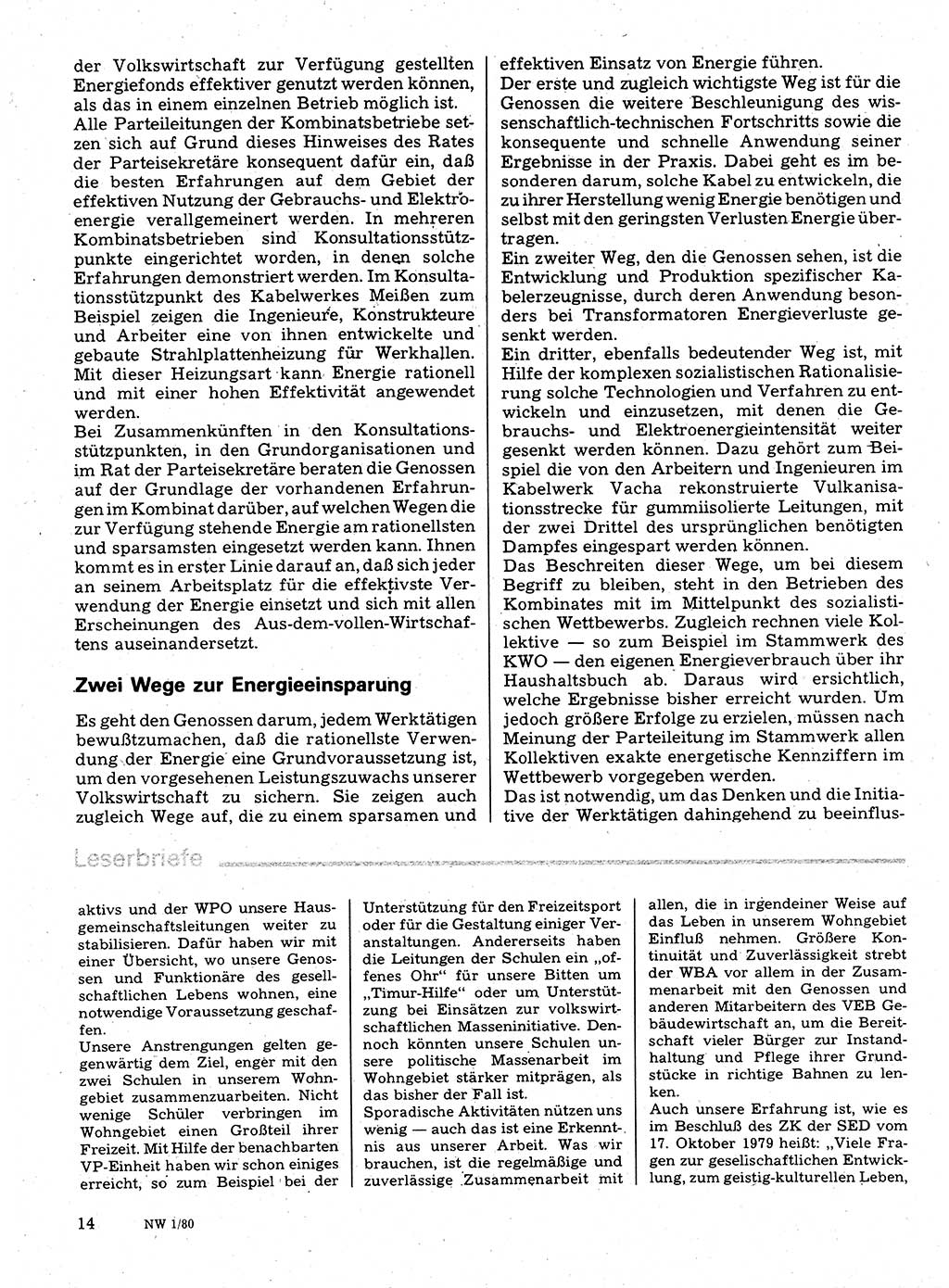 Neuer Weg (NW), Organ des Zentralkomitees (ZK) der SED (Sozialistische Einheitspartei Deutschlands) für Fragen des Parteilebens, 35. Jahrgang [Deutsche Demokratische Republik (DDR)] 1980, Seite 14 (NW ZK SED DDR 1980, S. 14)
