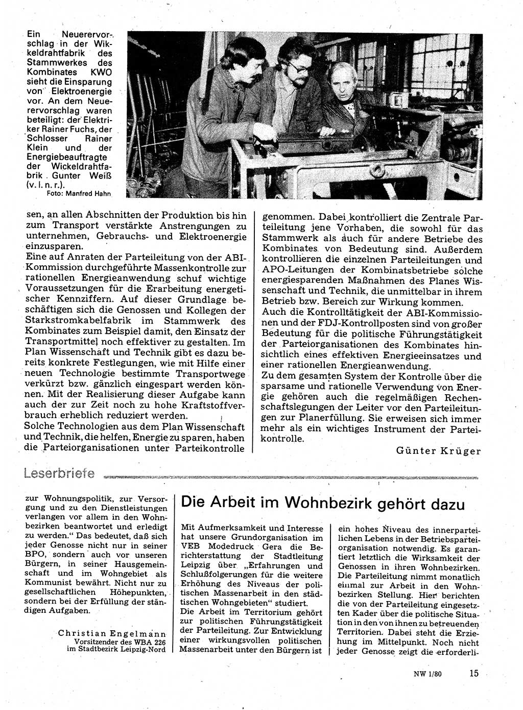 Neuer Weg (NW), Organ des Zentralkomitees (ZK) der SED (Sozialistische Einheitspartei Deutschlands) für Fragen des Parteilebens, 35. Jahrgang [Deutsche Demokratische Republik (DDR)] 1980, Seite 15 (NW ZK SED DDR 1980, S. 15)