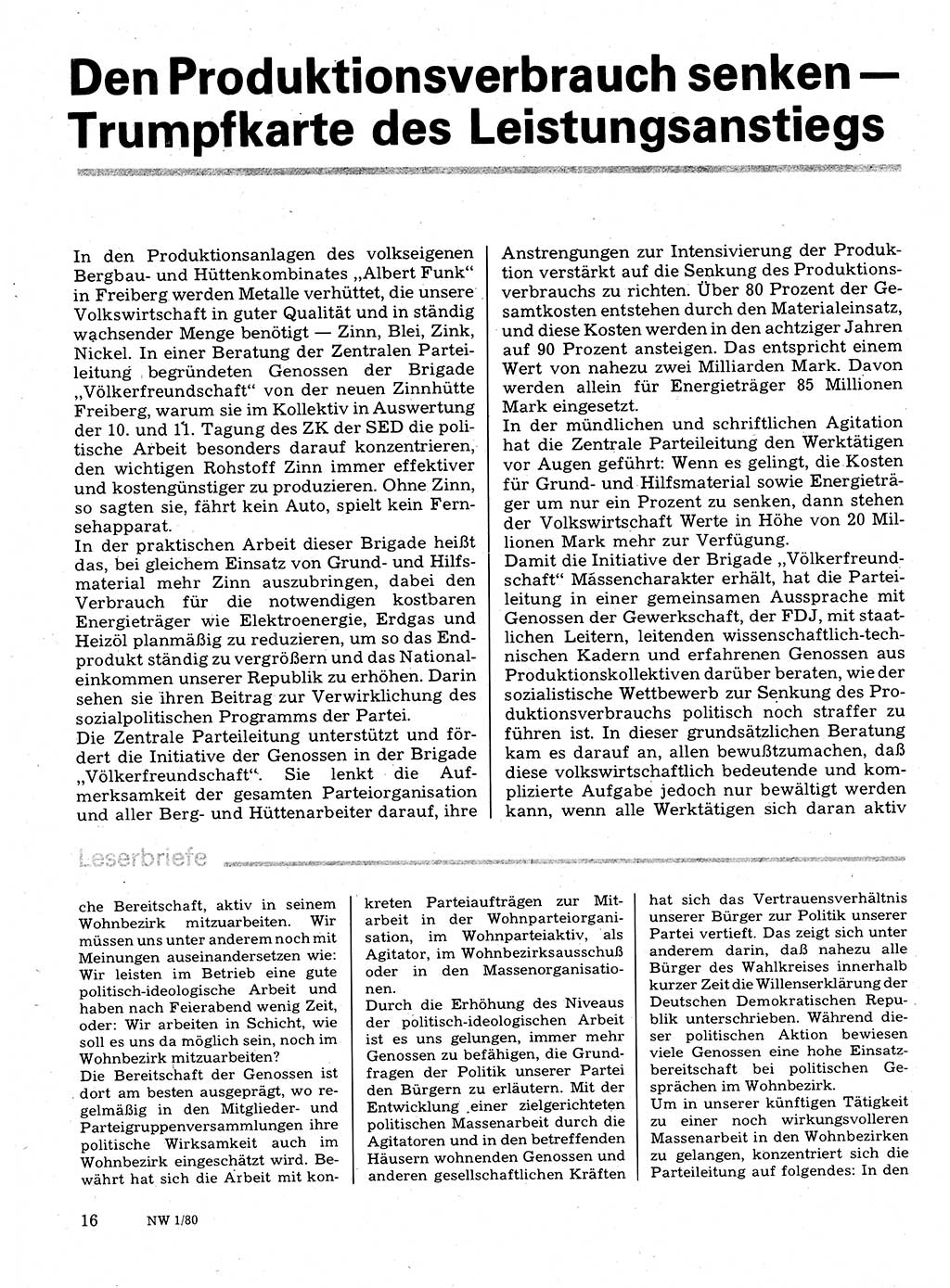 Neuer Weg (NW), Organ des Zentralkomitees (ZK) der SED (Sozialistische Einheitspartei Deutschlands) für Fragen des Parteilebens, 35. Jahrgang [Deutsche Demokratische Republik (DDR)] 1980, Seite 16 (NW ZK SED DDR 1980, S. 16)