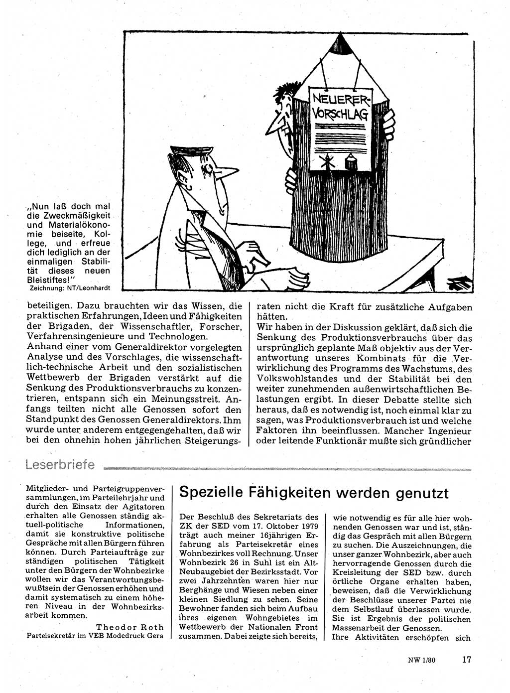 Neuer Weg (NW), Organ des Zentralkomitees (ZK) der SED (Sozialistische Einheitspartei Deutschlands) für Fragen des Parteilebens, 35. Jahrgang [Deutsche Demokratische Republik (DDR)] 1980, Seite 17 (NW ZK SED DDR 1980, S. 17)