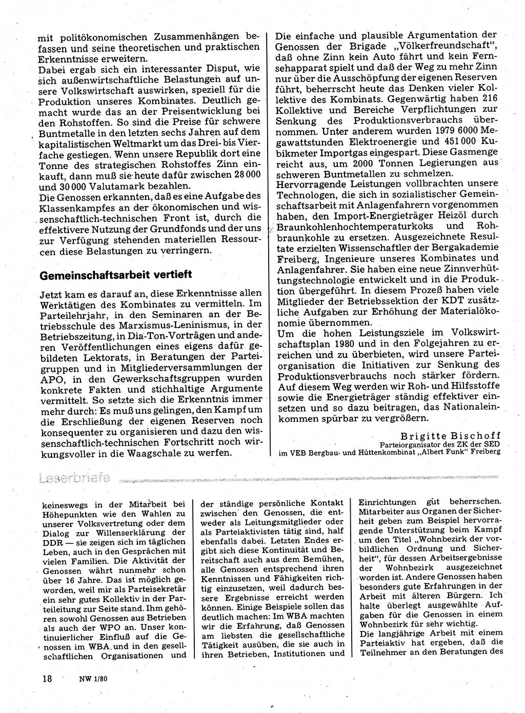 Neuer Weg (NW), Organ des Zentralkomitees (ZK) der SED (Sozialistische Einheitspartei Deutschlands) für Fragen des Parteilebens, 35. Jahrgang [Deutsche Demokratische Republik (DDR)] 1980, Seite 18 (NW ZK SED DDR 1980, S. 18)