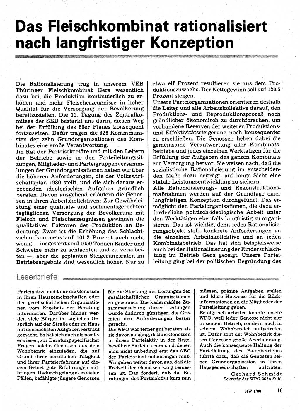 Neuer Weg (NW), Organ des Zentralkomitees (ZK) der SED (Sozialistische Einheitspartei Deutschlands) für Fragen des Parteilebens, 35. Jahrgang [Deutsche Demokratische Republik (DDR)] 1980, Seite 19 (NW ZK SED DDR 1980, S. 19)