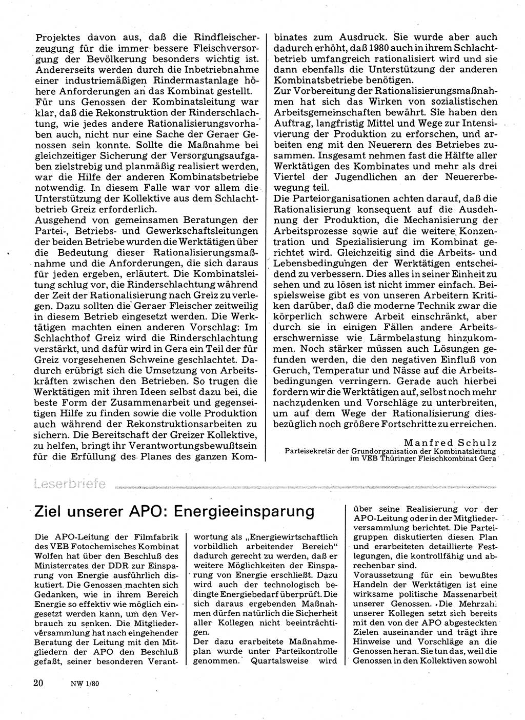 Neuer Weg (NW), Organ des Zentralkomitees (ZK) der SED (Sozialistische Einheitspartei Deutschlands) für Fragen des Parteilebens, 35. Jahrgang [Deutsche Demokratische Republik (DDR)] 1980, Seite 20 (NW ZK SED DDR 1980, S. 20)