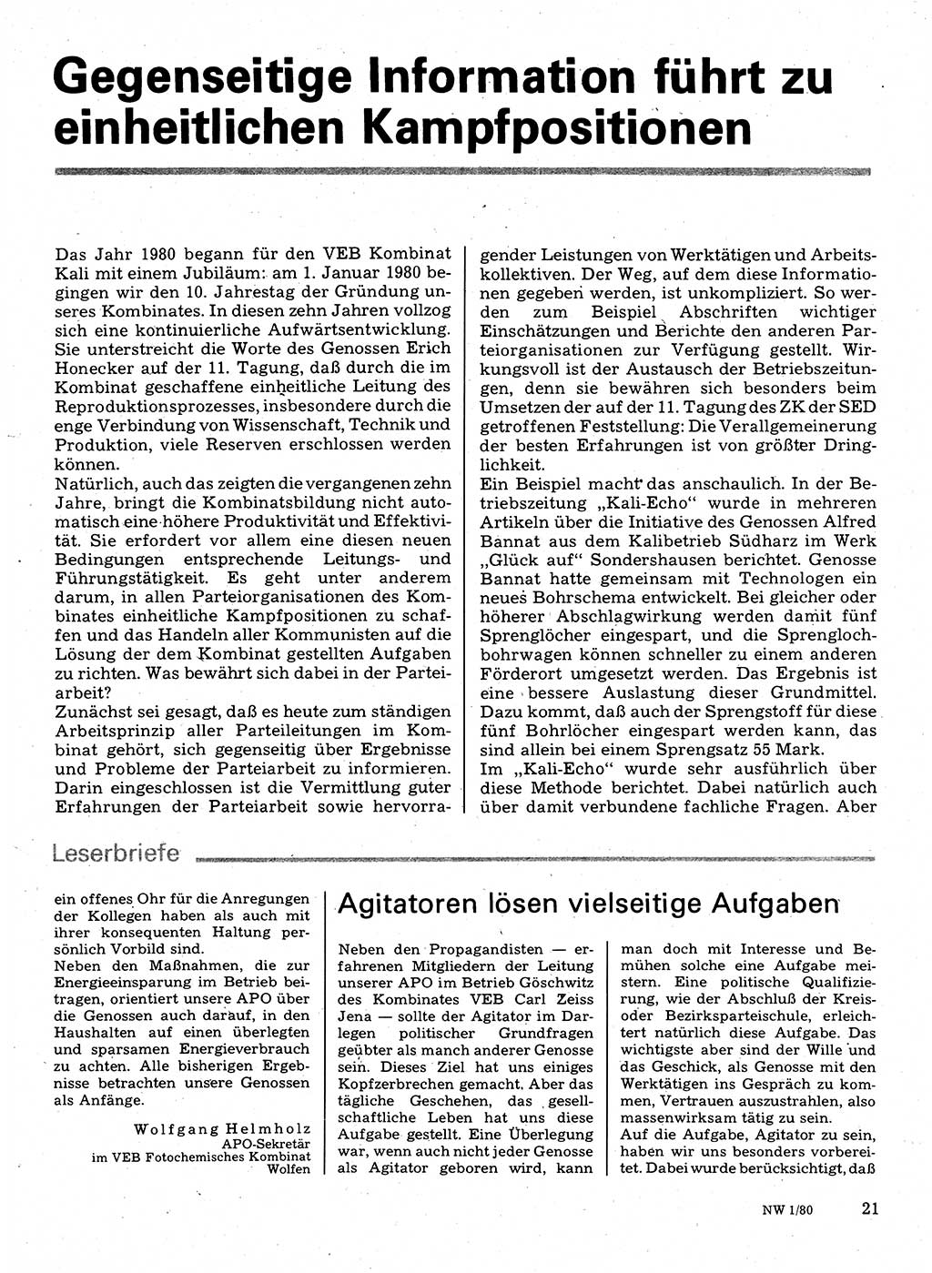 Neuer Weg (NW), Organ des Zentralkomitees (ZK) der SED (Sozialistische Einheitspartei Deutschlands) für Fragen des Parteilebens, 35. Jahrgang [Deutsche Demokratische Republik (DDR)] 1980, Seite 21 (NW ZK SED DDR 1980, S. 21)