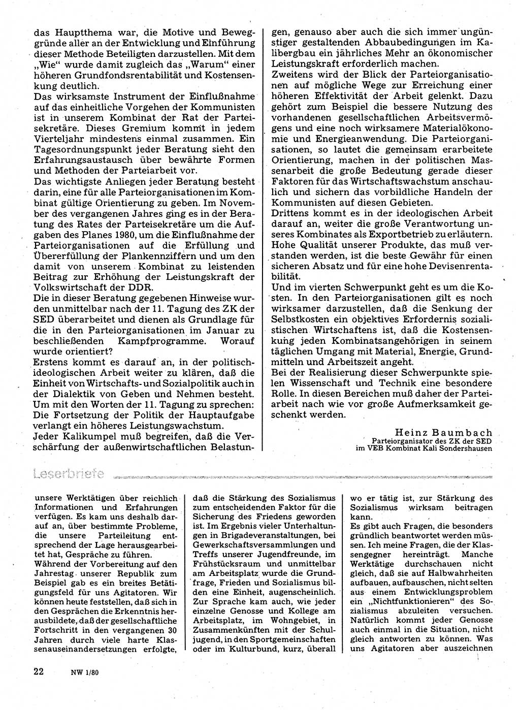 Neuer Weg (NW), Organ des Zentralkomitees (ZK) der SED (Sozialistische Einheitspartei Deutschlands) für Fragen des Parteilebens, 35. Jahrgang [Deutsche Demokratische Republik (DDR)] 1980, Seite 22 (NW ZK SED DDR 1980, S. 22)