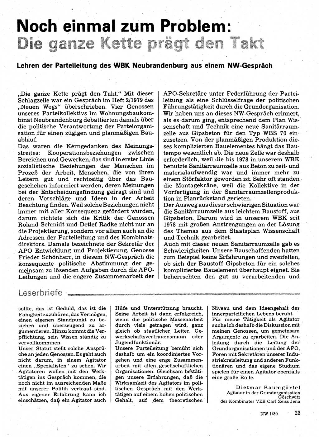 Neuer Weg (NW), Organ des Zentralkomitees (ZK) der SED (Sozialistische Einheitspartei Deutschlands) für Fragen des Parteilebens, 35. Jahrgang [Deutsche Demokratische Republik (DDR)] 1980, Seite 23 (NW ZK SED DDR 1980, S. 23)