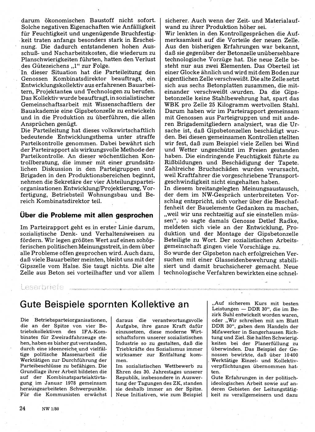 Neuer Weg (NW), Organ des Zentralkomitees (ZK) der SED (Sozialistische Einheitspartei Deutschlands) für Fragen des Parteilebens, 35. Jahrgang [Deutsche Demokratische Republik (DDR)] 1980, Seite 24 (NW ZK SED DDR 1980, S. 24)