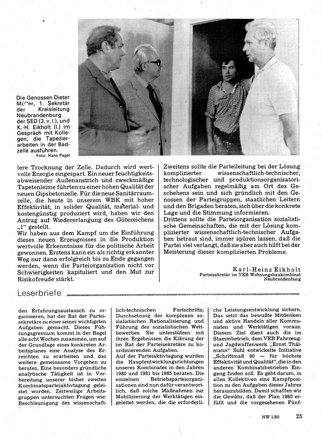 Neuer Weg (NW), Organ des Zentralkomitees (ZK) der SED (Sozialistische Einheitspartei Deutschlands) für Fragen des Parteilebens, 35. Jahrgang [Deutsche Demokratische Republik (DDR)] 1980, Seite 25 (NW ZK SED DDR 1980, S. 25)