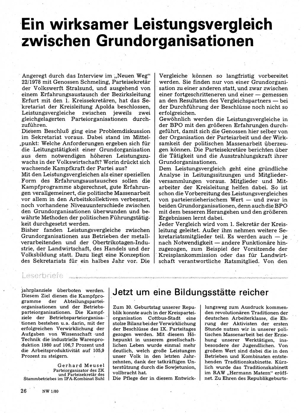 Neuer Weg (NW), Organ des Zentralkomitees (ZK) der SED (Sozialistische Einheitspartei Deutschlands) für Fragen des Parteilebens, 35. Jahrgang [Deutsche Demokratische Republik (DDR)] 1980, Seite 26 (NW ZK SED DDR 1980, S. 26)
