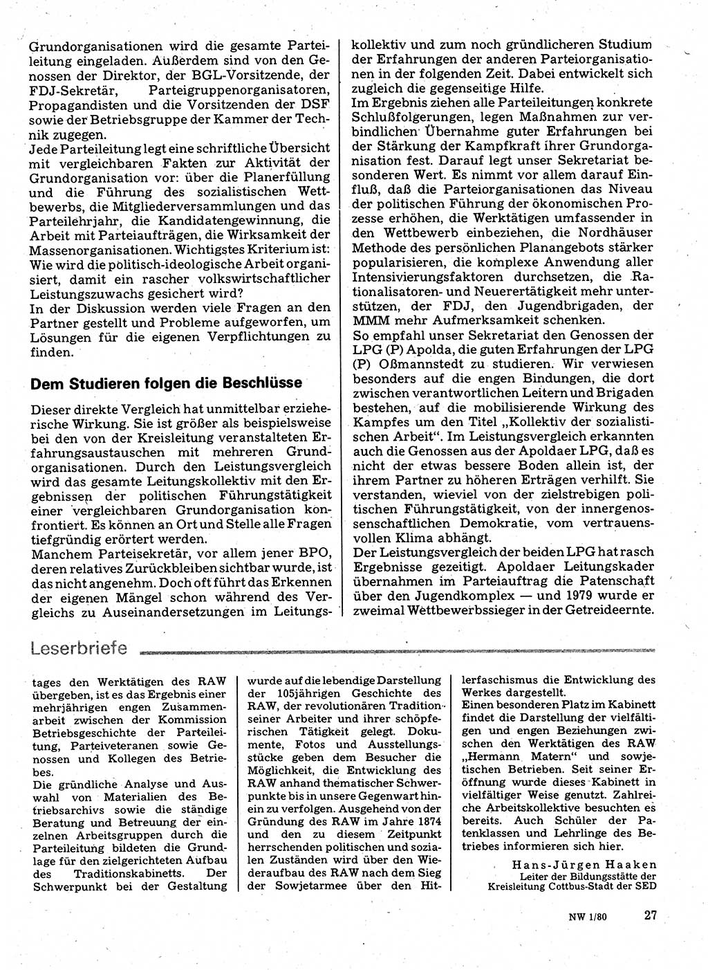 Neuer Weg (NW), Organ des Zentralkomitees (ZK) der SED (Sozialistische Einheitspartei Deutschlands) für Fragen des Parteilebens, 35. Jahrgang [Deutsche Demokratische Republik (DDR)] 1980, Seite 27 (NW ZK SED DDR 1980, S. 27)