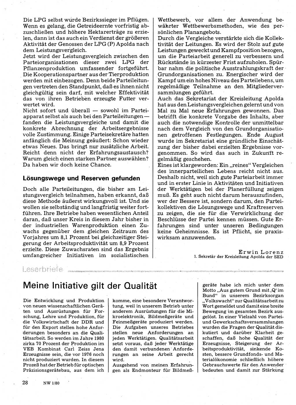 Neuer Weg (NW), Organ des Zentralkomitees (ZK) der SED (Sozialistische Einheitspartei Deutschlands) für Fragen des Parteilebens, 35. Jahrgang [Deutsche Demokratische Republik (DDR)] 1980, Seite 28 (NW ZK SED DDR 1980, S. 28)