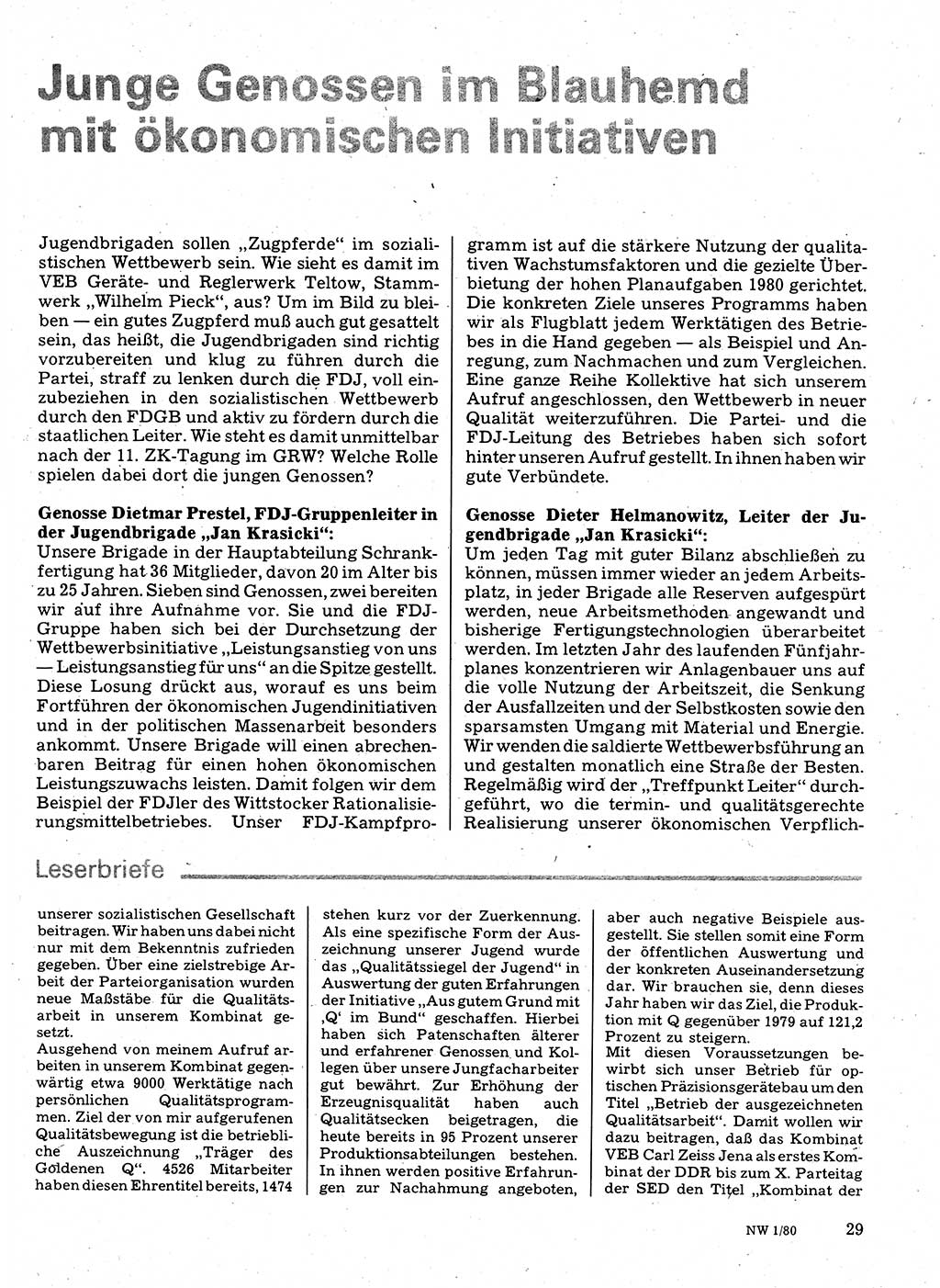 Neuer Weg (NW), Organ des Zentralkomitees (ZK) der SED (Sozialistische Einheitspartei Deutschlands) für Fragen des Parteilebens, 35. Jahrgang [Deutsche Demokratische Republik (DDR)] 1980, Seite 29 (NW ZK SED DDR 1980, S. 29)