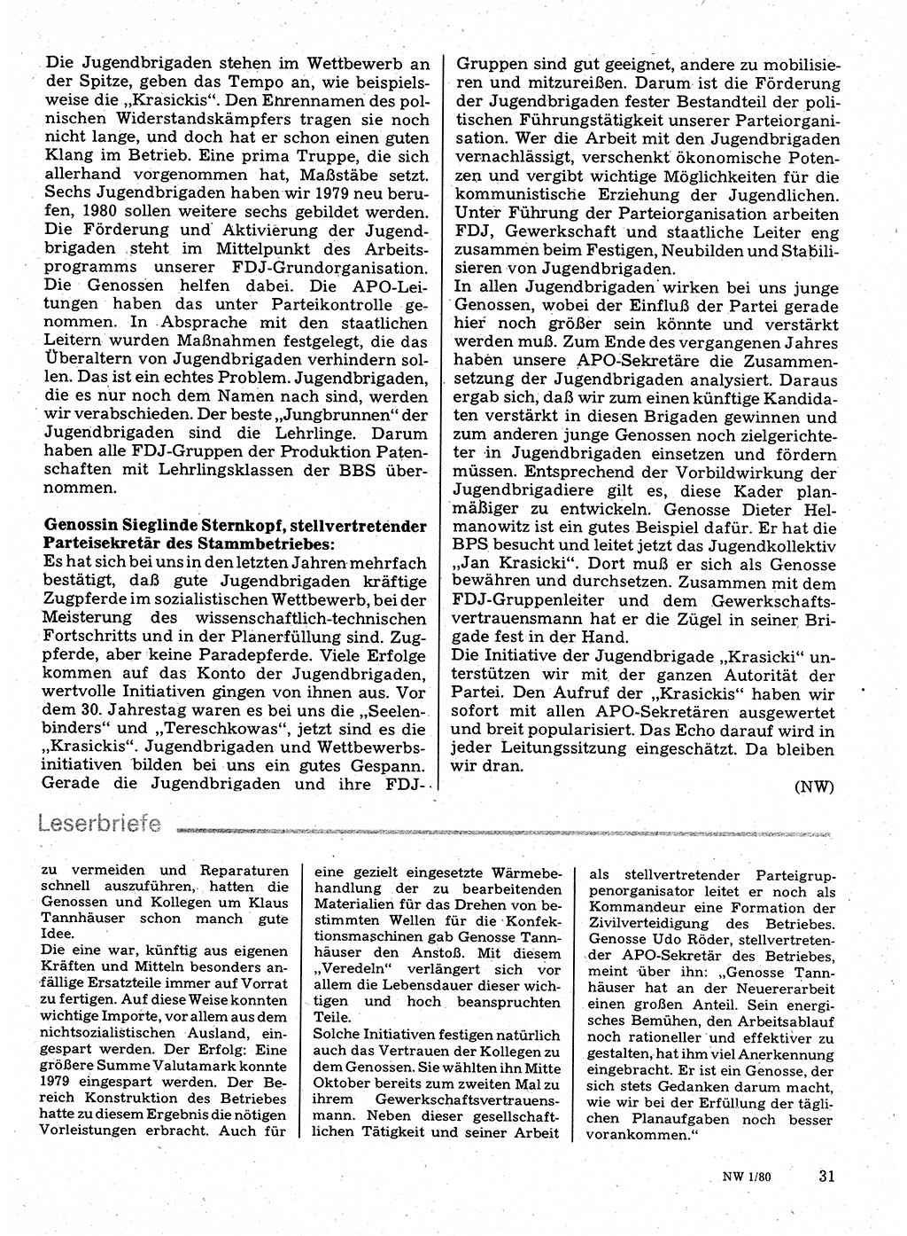 Neuer Weg (NW), Organ des Zentralkomitees (ZK) der SED (Sozialistische Einheitspartei Deutschlands) für Fragen des Parteilebens, 35. Jahrgang [Deutsche Demokratische Republik (DDR)] 1980, Seite 31 (NW ZK SED DDR 1980, S. 31)