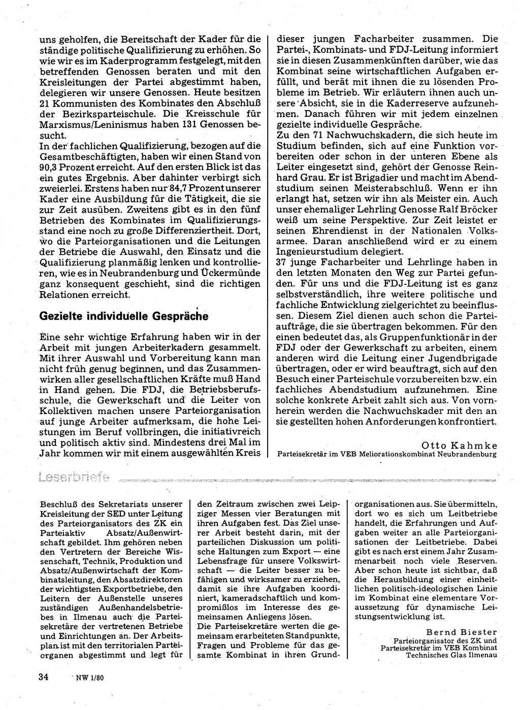 Neuer Weg (NW), Organ des Zentralkomitees (ZK) der SED (Sozialistische Einheitspartei Deutschlands) für Fragen des Parteilebens, 35. Jahrgang [Deutsche Demokratische Republik (DDR)] 1980, Seite 34 (NW ZK SED DDR 1980, S. 34)