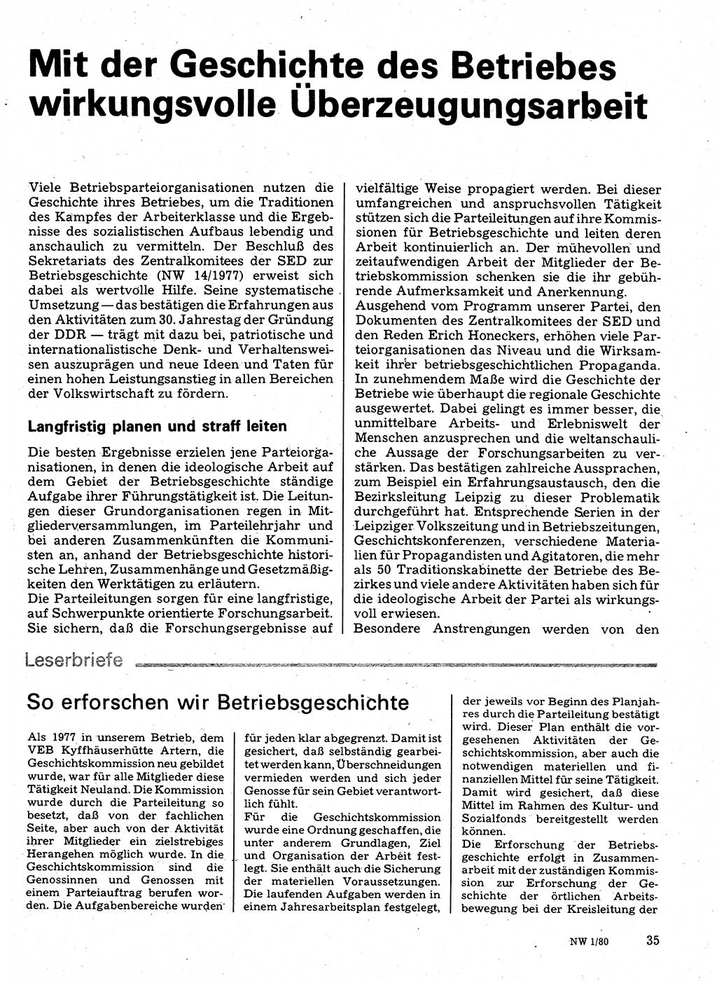 Neuer Weg (NW), Organ des Zentralkomitees (ZK) der SED (Sozialistische Einheitspartei Deutschlands) für Fragen des Parteilebens, 35. Jahrgang [Deutsche Demokratische Republik (DDR)] 1980, Seite 35 (NW ZK SED DDR 1980, S. 35)