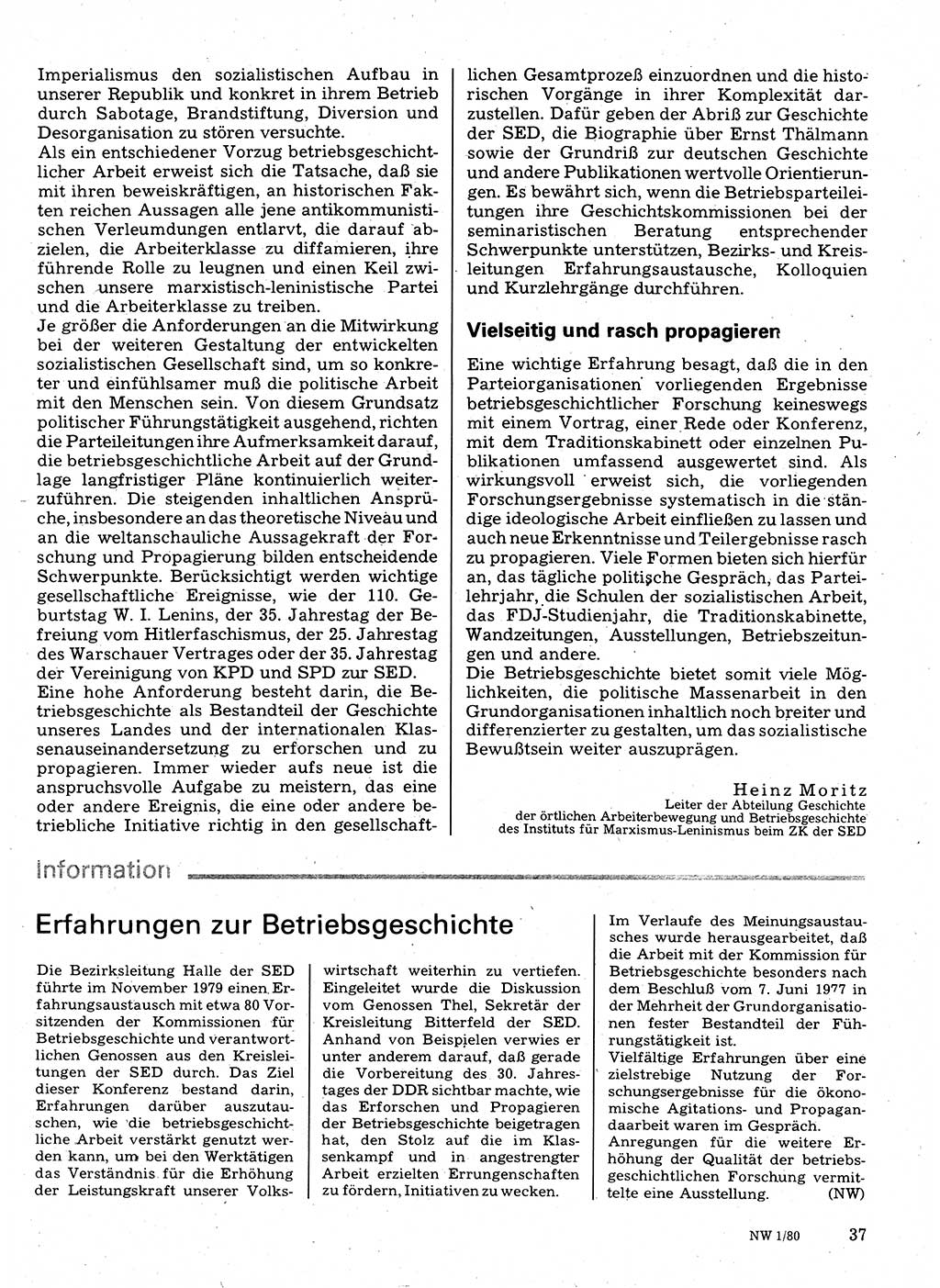Neuer Weg (NW), Organ des Zentralkomitees (ZK) der SED (Sozialistische Einheitspartei Deutschlands) für Fragen des Parteilebens, 35. Jahrgang [Deutsche Demokratische Republik (DDR)] 1980, Seite 37 (NW ZK SED DDR 1980, S. 37)