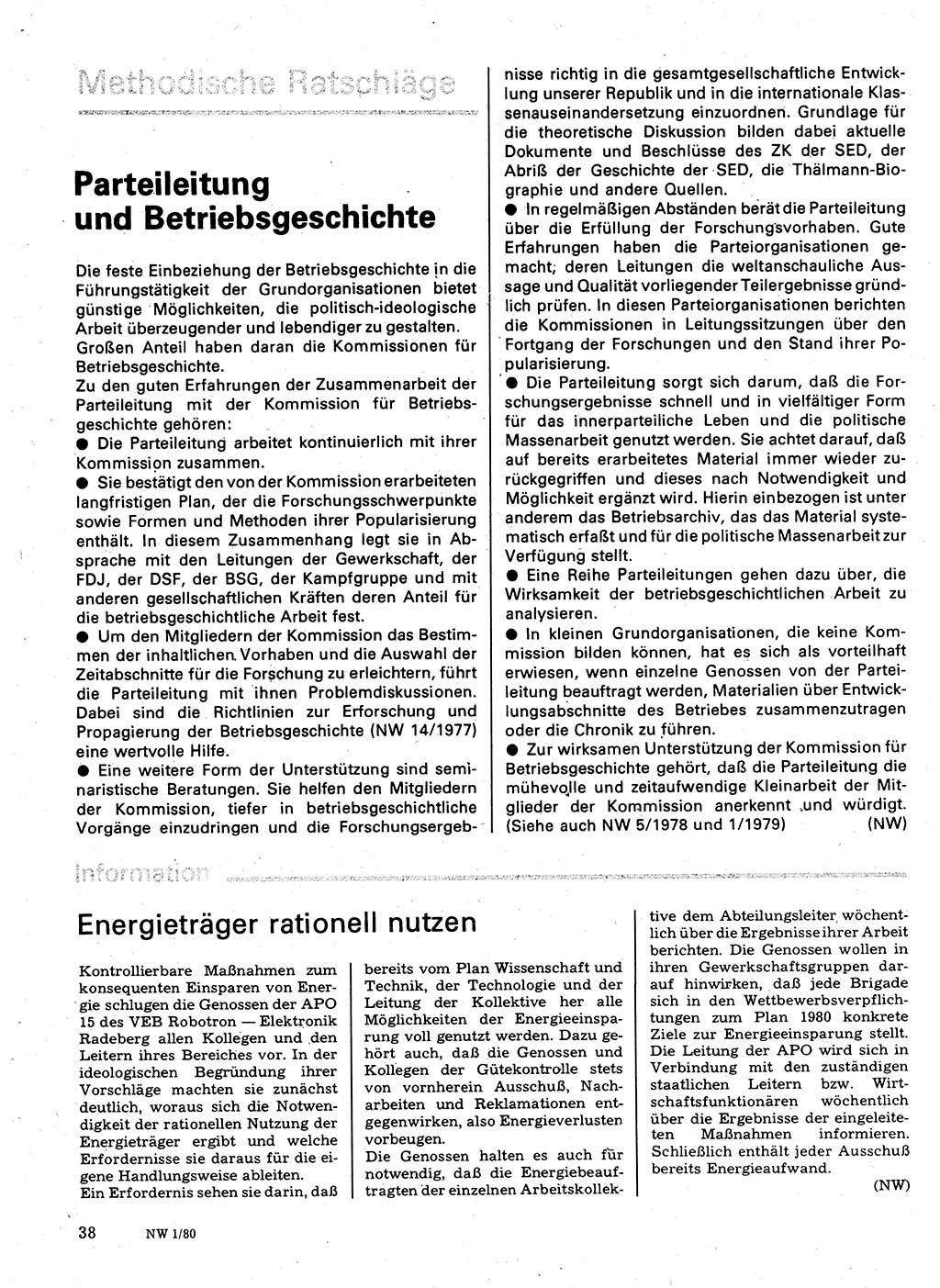 Neuer Weg (NW), Organ des Zentralkomitees (ZK) der SED (Sozialistische Einheitspartei Deutschlands) für Fragen des Parteilebens, 35. Jahrgang [Deutsche Demokratische Republik (DDR)] 1980, Seite 38 (NW ZK SED DDR 1980, S. 38)