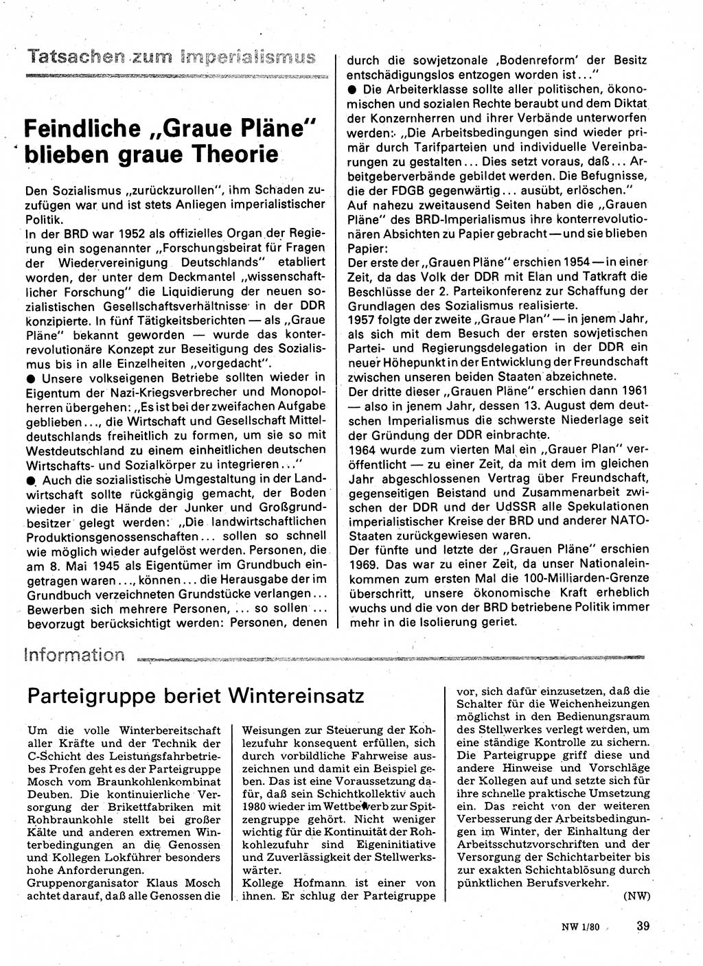 Neuer Weg (NW), Organ des Zentralkomitees (ZK) der SED (Sozialistische Einheitspartei Deutschlands) für Fragen des Parteilebens, 35. Jahrgang [Deutsche Demokratische Republik (DDR)] 1980, Seite 39 (NW ZK SED DDR 1980, S. 39)