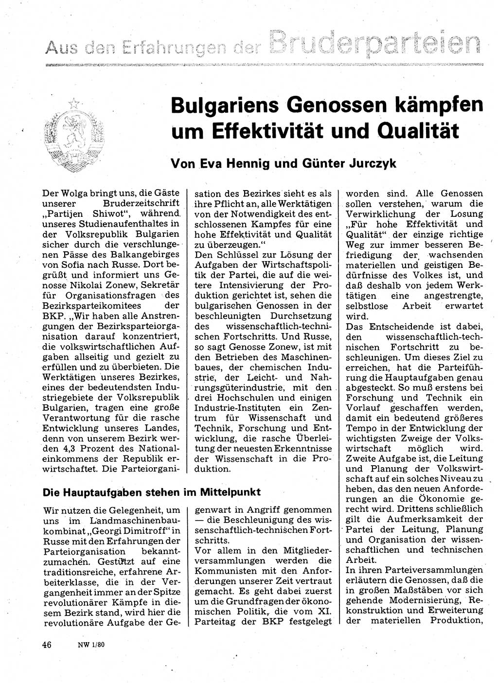 Neuer Weg (NW), Organ des Zentralkomitees (ZK) der SED (Sozialistische Einheitspartei Deutschlands) für Fragen des Parteilebens, 35. Jahrgang [Deutsche Demokratische Republik (DDR)] 1980, Seite 46 (NW ZK SED DDR 1980, S. 46)