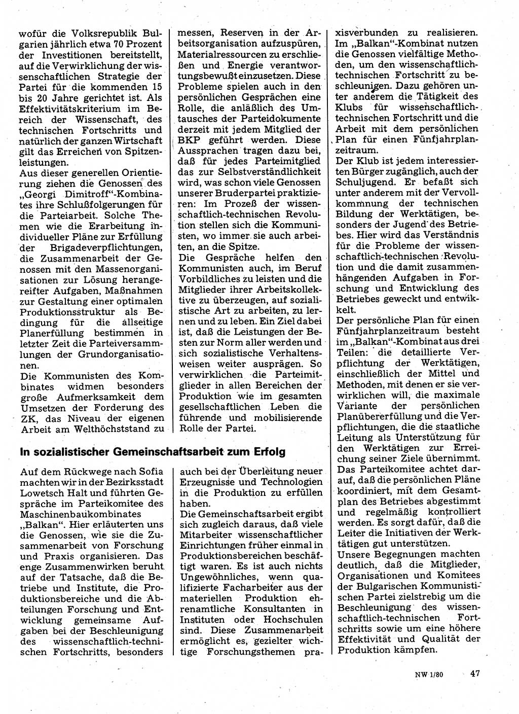 Neuer Weg (NW), Organ des Zentralkomitees (ZK) der SED (Sozialistische Einheitspartei Deutschlands) für Fragen des Parteilebens, 35. Jahrgang [Deutsche Demokratische Republik (DDR)] 1980, Seite 47 (NW ZK SED DDR 1980, S. 47)