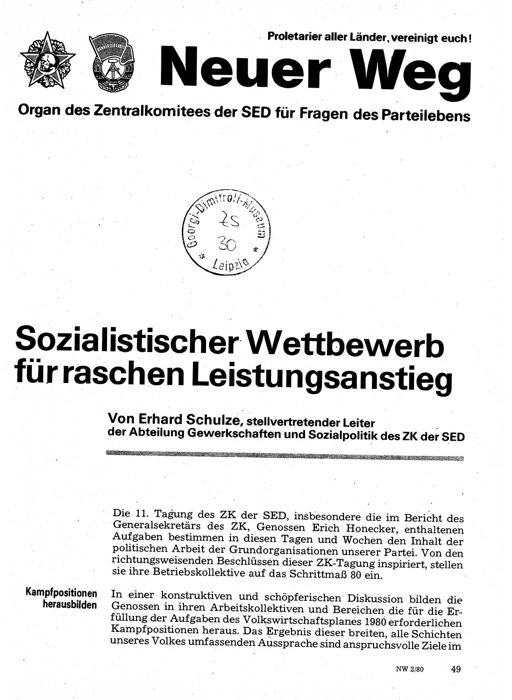 Neuer Weg (NW), Organ des Zentralkomitees (ZK) der SED (Sozialistische Einheitspartei Deutschlands) für Fragen des Parteilebens, 35. Jahrgang [Deutsche Demokratische Republik (DDR)] 1980, Seite 49 (NW ZK SED DDR 1980, S. 49)