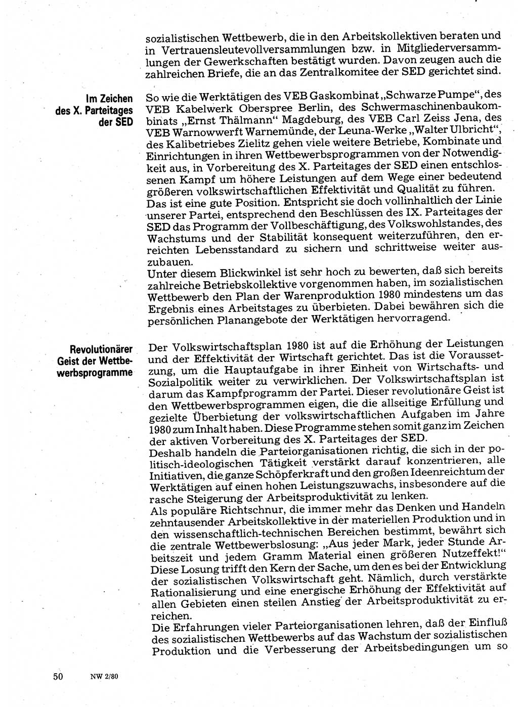 Neuer Weg (NW), Organ des Zentralkomitees (ZK) der SED (Sozialistische Einheitspartei Deutschlands) für Fragen des Parteilebens, 35. Jahrgang [Deutsche Demokratische Republik (DDR)] 1980, Seite 50 (NW ZK SED DDR 1980, S. 50)