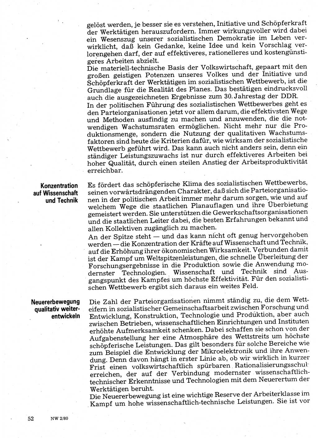 Neuer Weg (NW), Organ des Zentralkomitees (ZK) der SED (Sozialistische Einheitspartei Deutschlands) für Fragen des Parteilebens, 35. Jahrgang [Deutsche Demokratische Republik (DDR)] 1980, Seite 52 (NW ZK SED DDR 1980, S. 52)