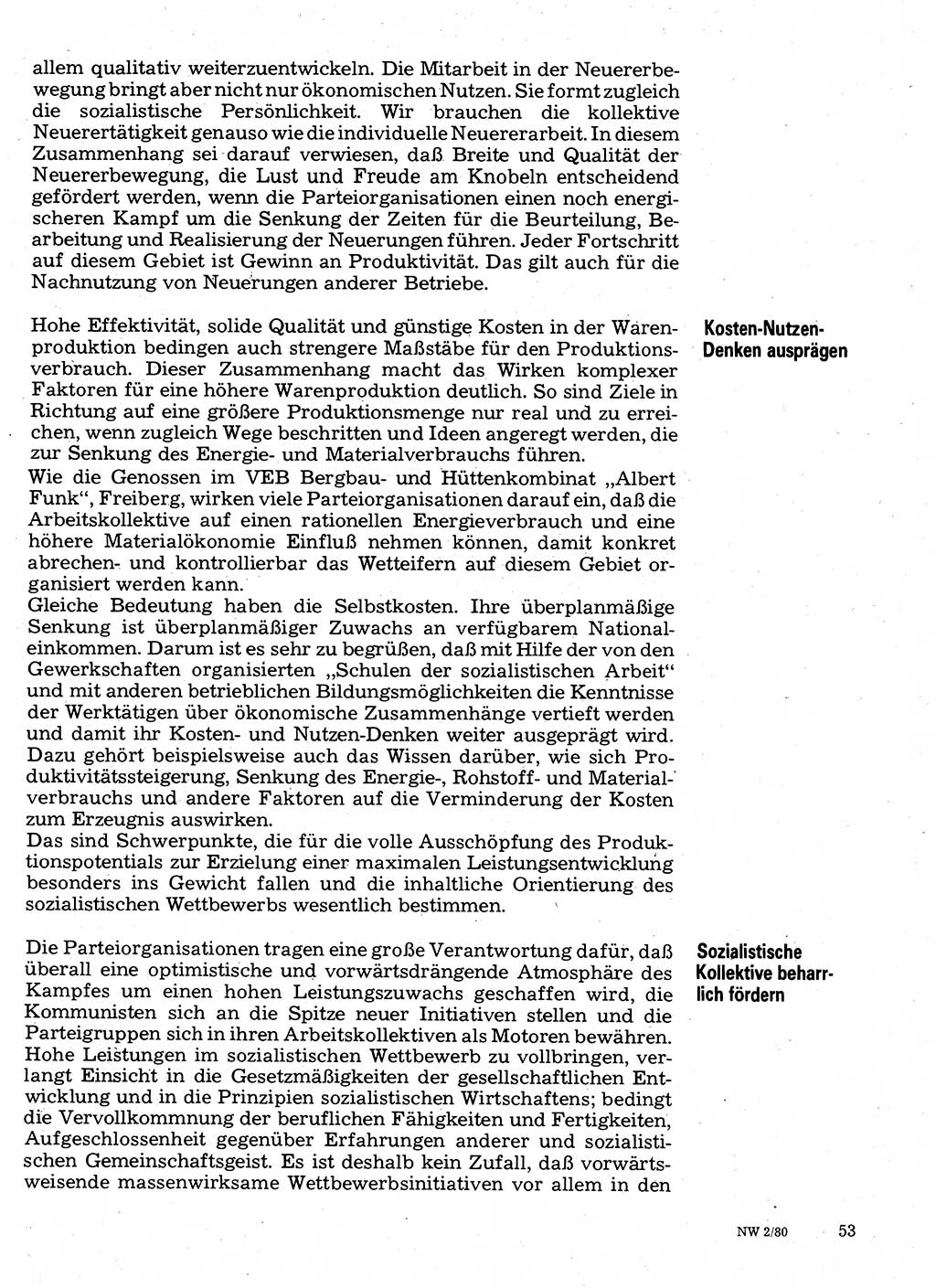 Neuer Weg (NW), Organ des Zentralkomitees (ZK) der SED (Sozialistische Einheitspartei Deutschlands) für Fragen des Parteilebens, 35. Jahrgang [Deutsche Demokratische Republik (DDR)] 1980, Seite 53 (NW ZK SED DDR 1980, S. 53)