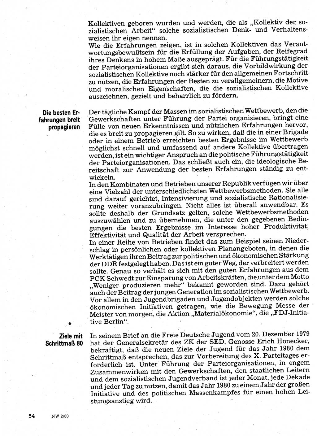 Neuer Weg (NW), Organ des Zentralkomitees (ZK) der SED (Sozialistische Einheitspartei Deutschlands) für Fragen des Parteilebens, 35. Jahrgang [Deutsche Demokratische Republik (DDR)] 1980, Seite 54 (NW ZK SED DDR 1980, S. 54)