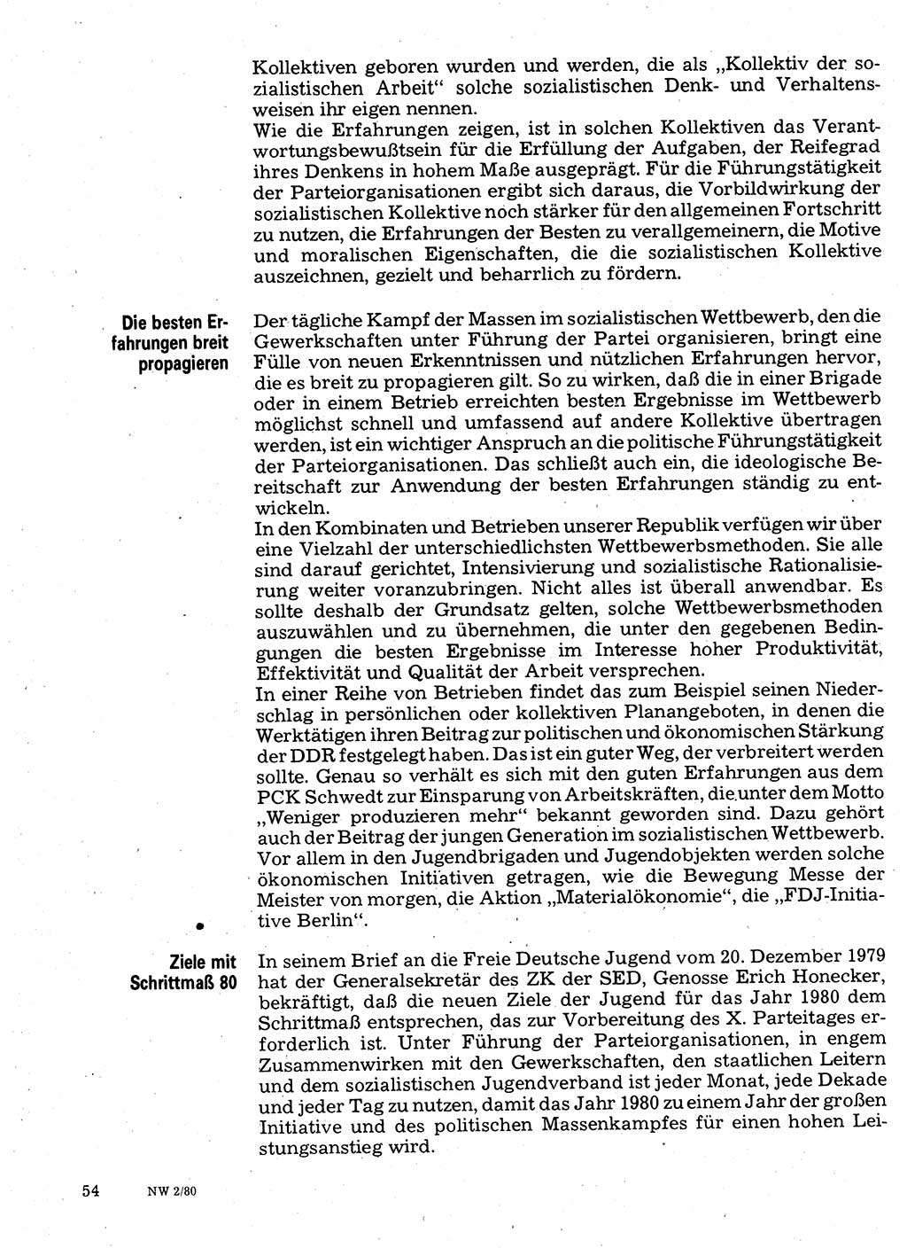 Neuer Weg (NW), Organ des Zentralkomitees (ZK) der SED (Sozialistische Einheitspartei Deutschlands) für Fragen des Parteilebens, 35. Jahrgang [Deutsche Demokratische Republik (DDR)] 1980, Seite 54 (NW ZK SED DDR 1980, S. 54)