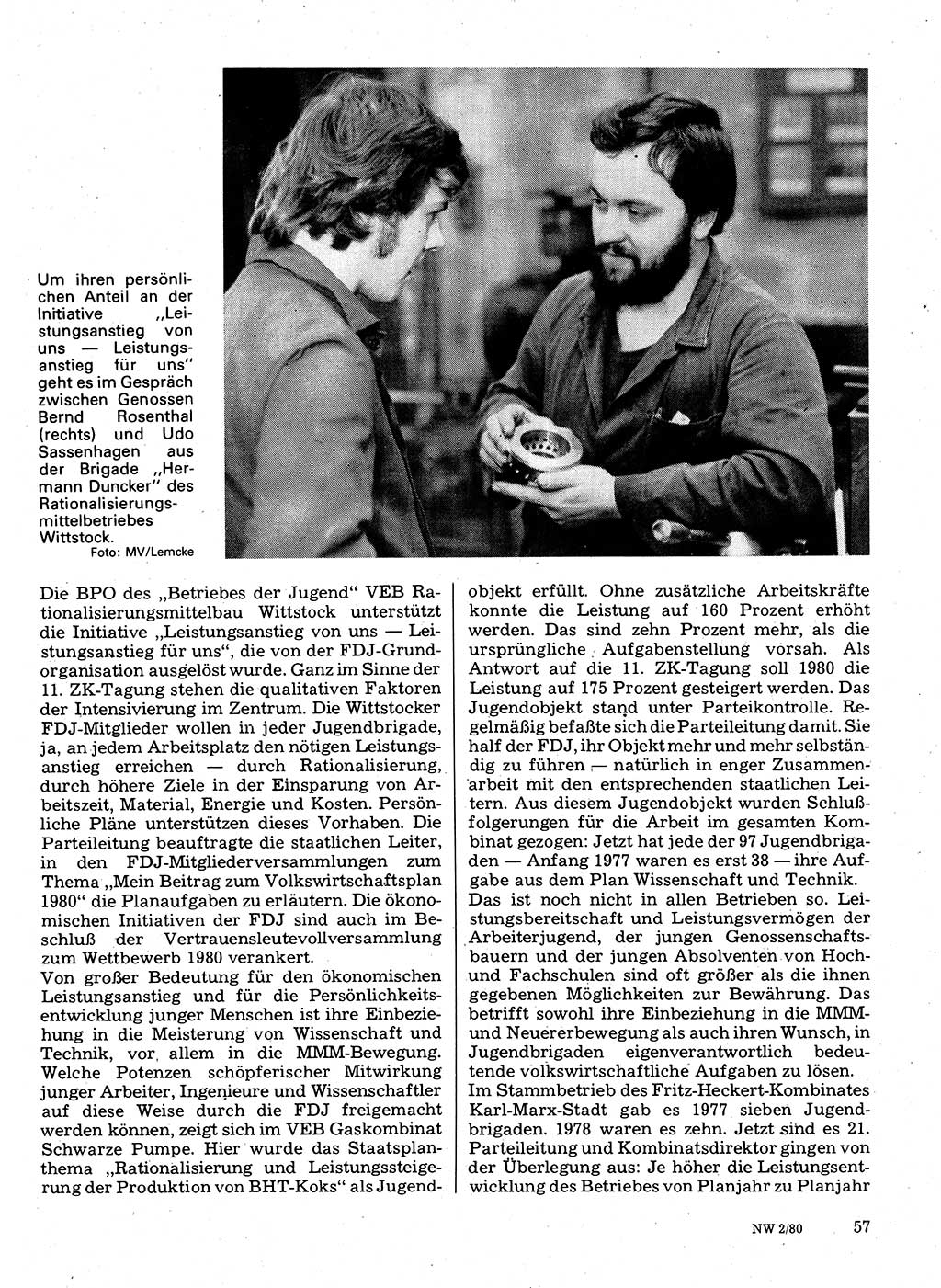 Neuer Weg (NW), Organ des Zentralkomitees (ZK) der SED (Sozialistische Einheitspartei Deutschlands) für Fragen des Parteilebens, 35. Jahrgang [Deutsche Demokratische Republik (DDR)] 1980, Seite 57 (NW ZK SED DDR 1980, S. 57)