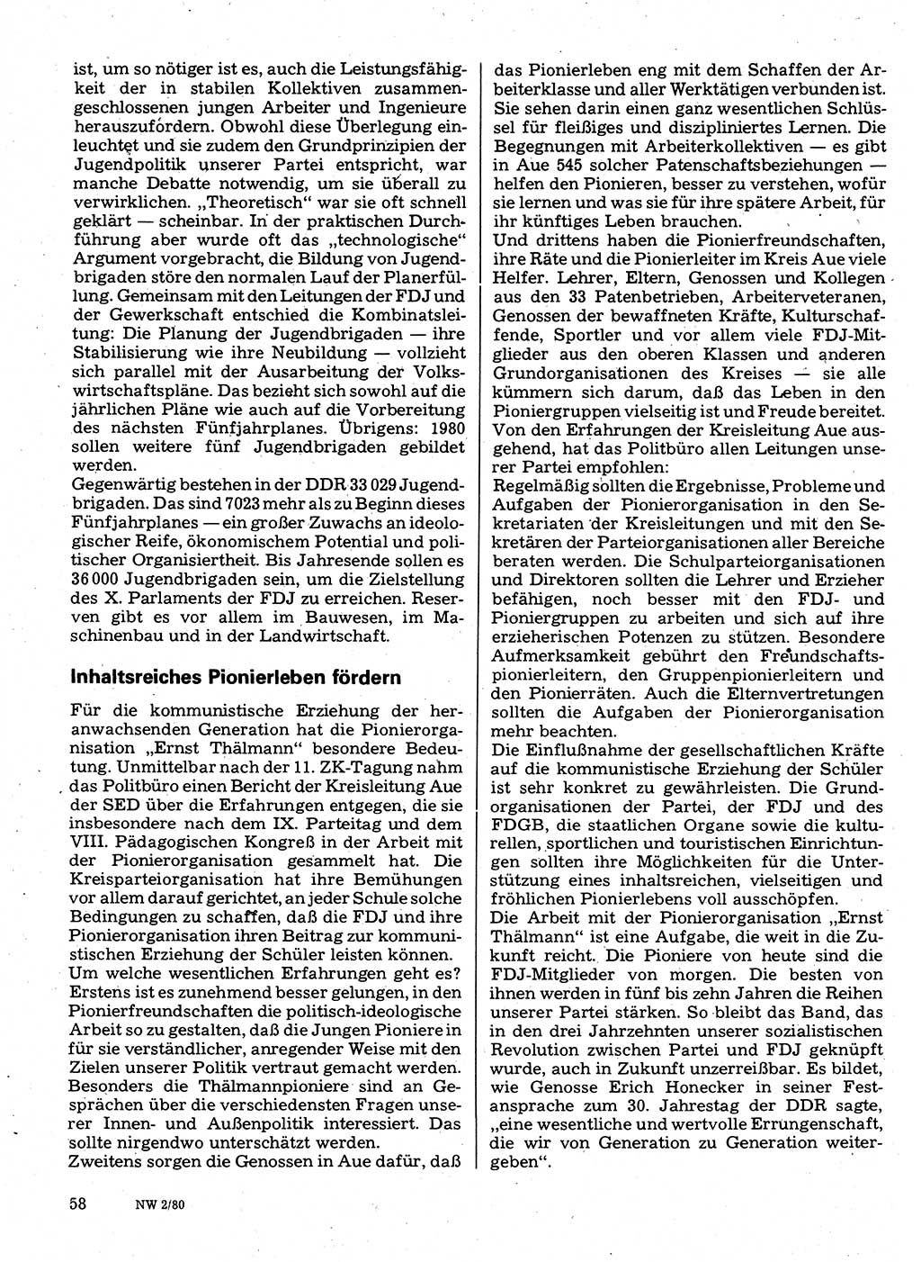 Neuer Weg (NW), Organ des Zentralkomitees (ZK) der SED (Sozialistische Einheitspartei Deutschlands) für Fragen des Parteilebens, 35. Jahrgang [Deutsche Demokratische Republik (DDR)] 1980, Seite 58 (NW ZK SED DDR 1980, S. 58)