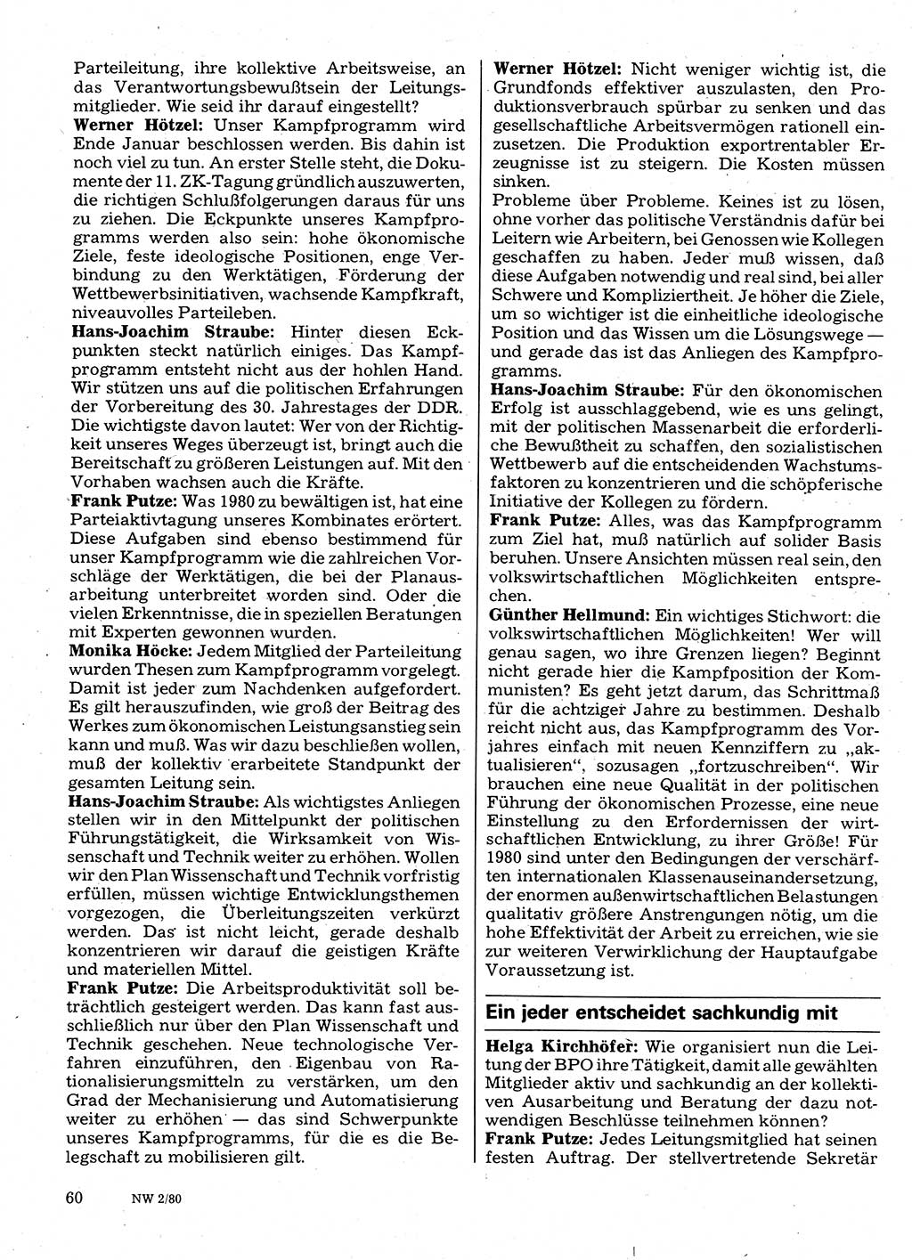Neuer Weg (NW), Organ des Zentralkomitees (ZK) der SED (Sozialistische Einheitspartei Deutschlands) für Fragen des Parteilebens, 35. Jahrgang [Deutsche Demokratische Republik (DDR)] 1980, Seite 60 (NW ZK SED DDR 1980, S. 60)