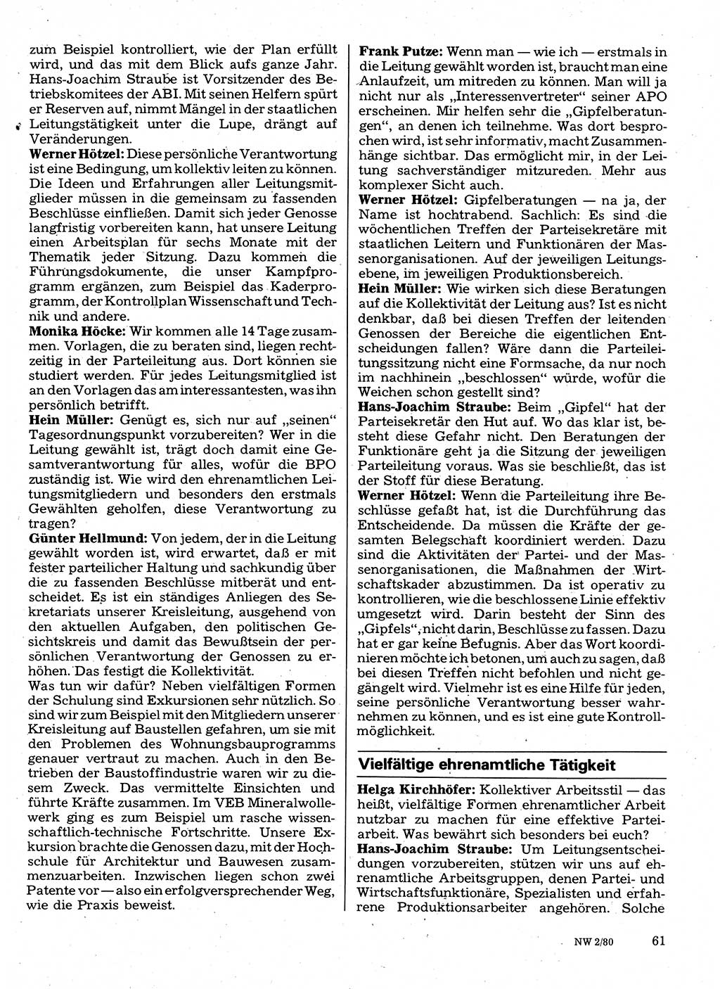 Neuer Weg (NW), Organ des Zentralkomitees (ZK) der SED (Sozialistische Einheitspartei Deutschlands) für Fragen des Parteilebens, 35. Jahrgang [Deutsche Demokratische Republik (DDR)] 1980, Seite 61 (NW ZK SED DDR 1980, S. 61)