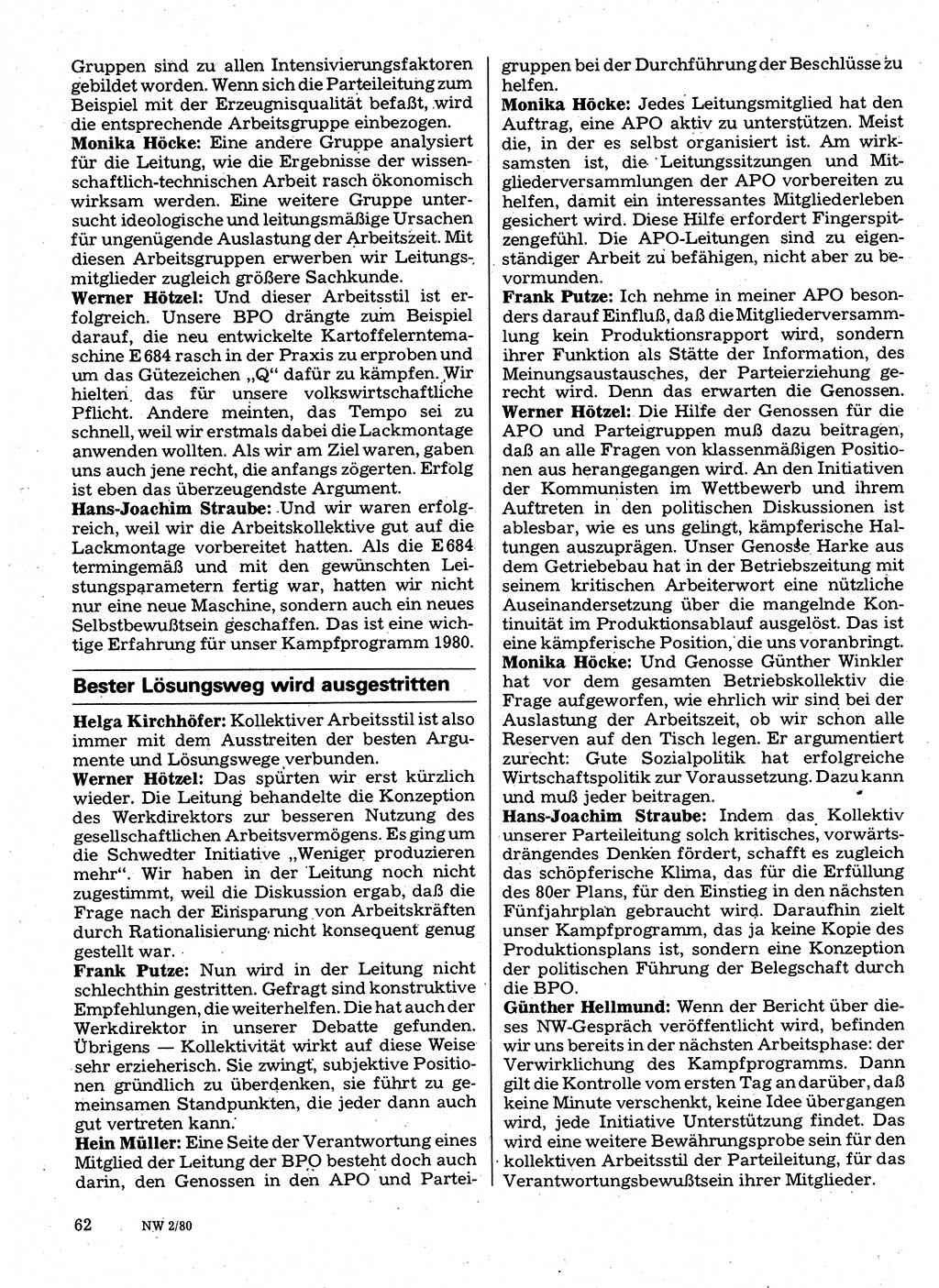 Neuer Weg (NW), Organ des Zentralkomitees (ZK) der SED (Sozialistische Einheitspartei Deutschlands) für Fragen des Parteilebens, 35. Jahrgang [Deutsche Demokratische Republik (DDR)] 1980, Seite 62 (NW ZK SED DDR 1980, S. 62)