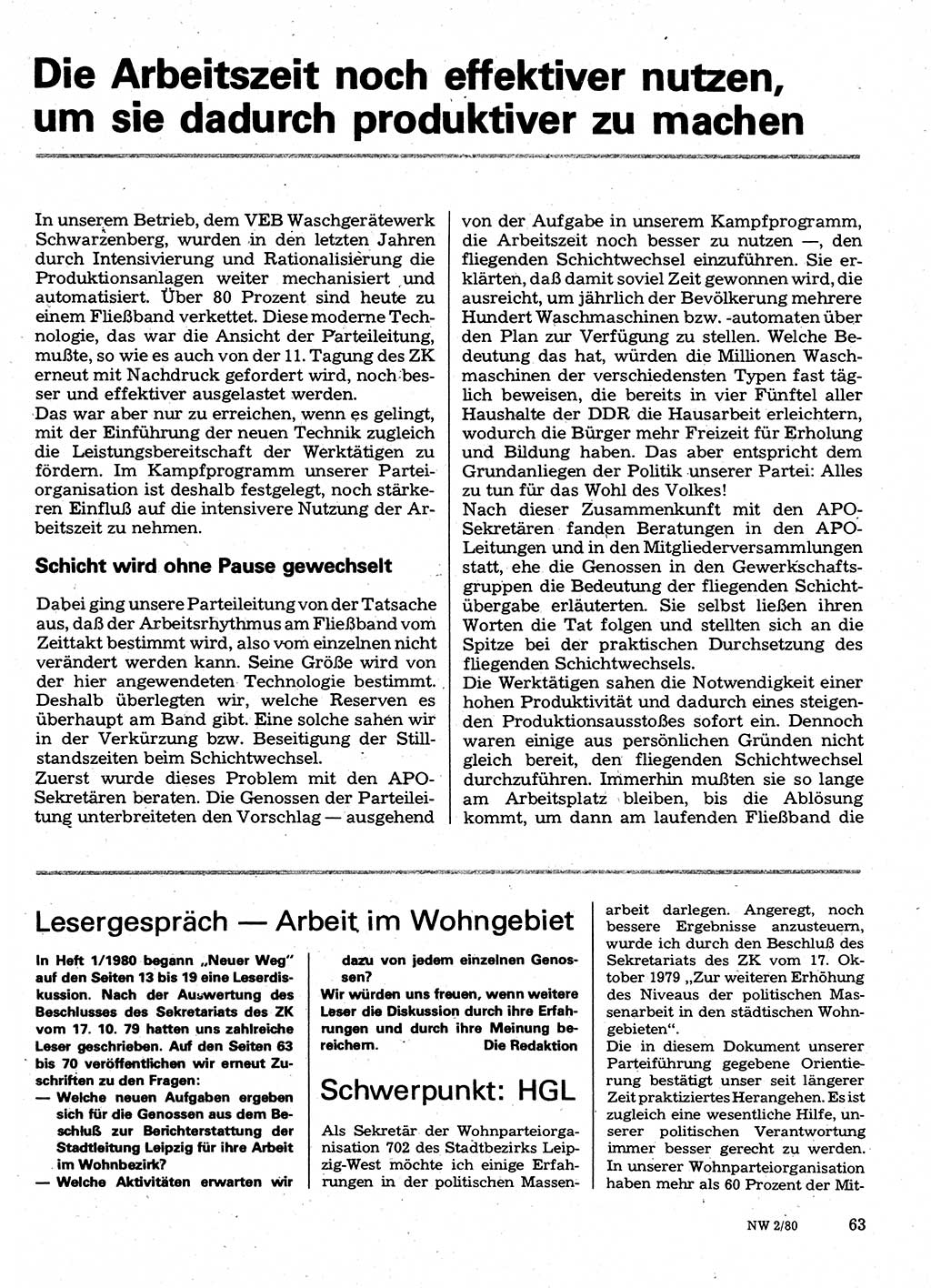 Neuer Weg (NW), Organ des Zentralkomitees (ZK) der SED (Sozialistische Einheitspartei Deutschlands) für Fragen des Parteilebens, 35. Jahrgang [Deutsche Demokratische Republik (DDR)] 1980, Seite 63 (NW ZK SED DDR 1980, S. 63)