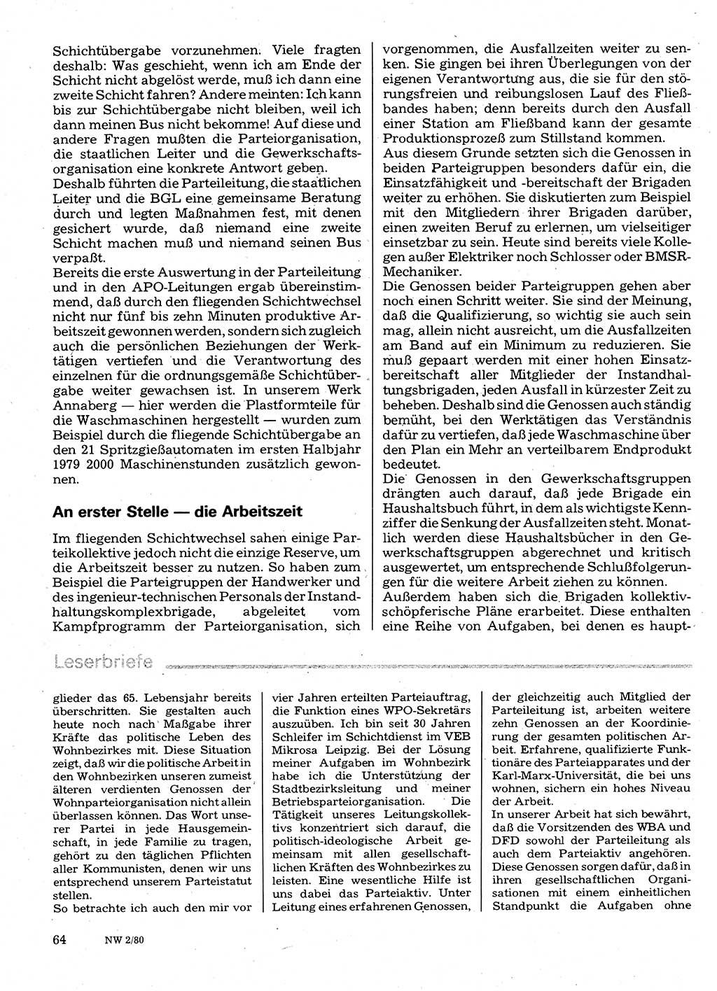 Neuer Weg (NW), Organ des Zentralkomitees (ZK) der SED (Sozialistische Einheitspartei Deutschlands) für Fragen des Parteilebens, 35. Jahrgang [Deutsche Demokratische Republik (DDR)] 1980, Seite 64 (NW ZK SED DDR 1980, S. 64)